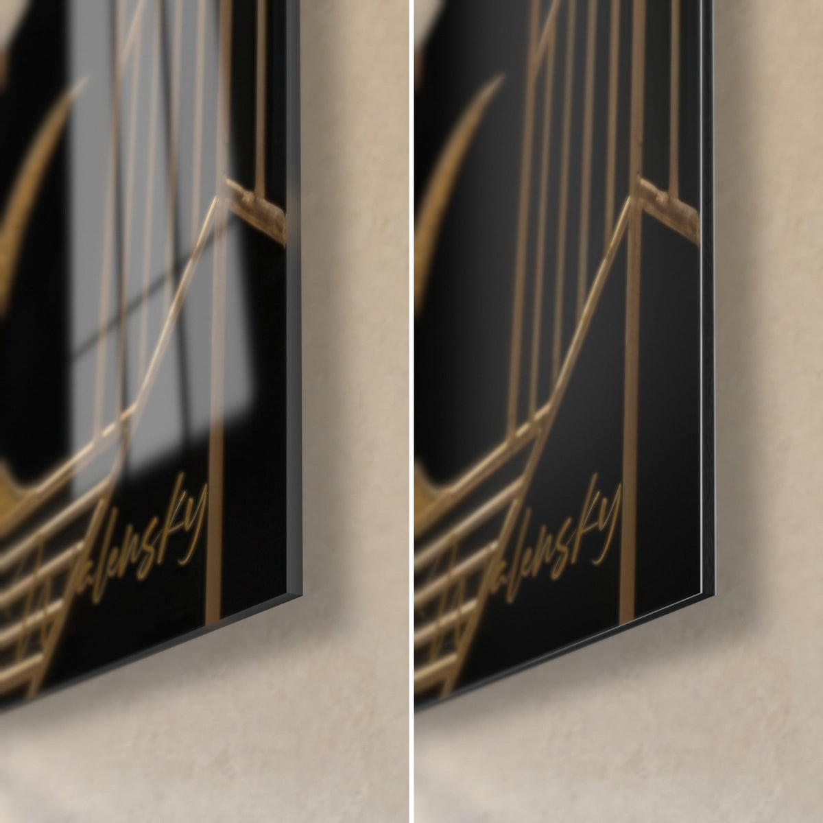 Schilderij hoeder van de sterren, rechtsonder: glanzend acrylglas met reflecties, mat zwart Dibond-aluminium, gouden lijnen, rand van 3 mm