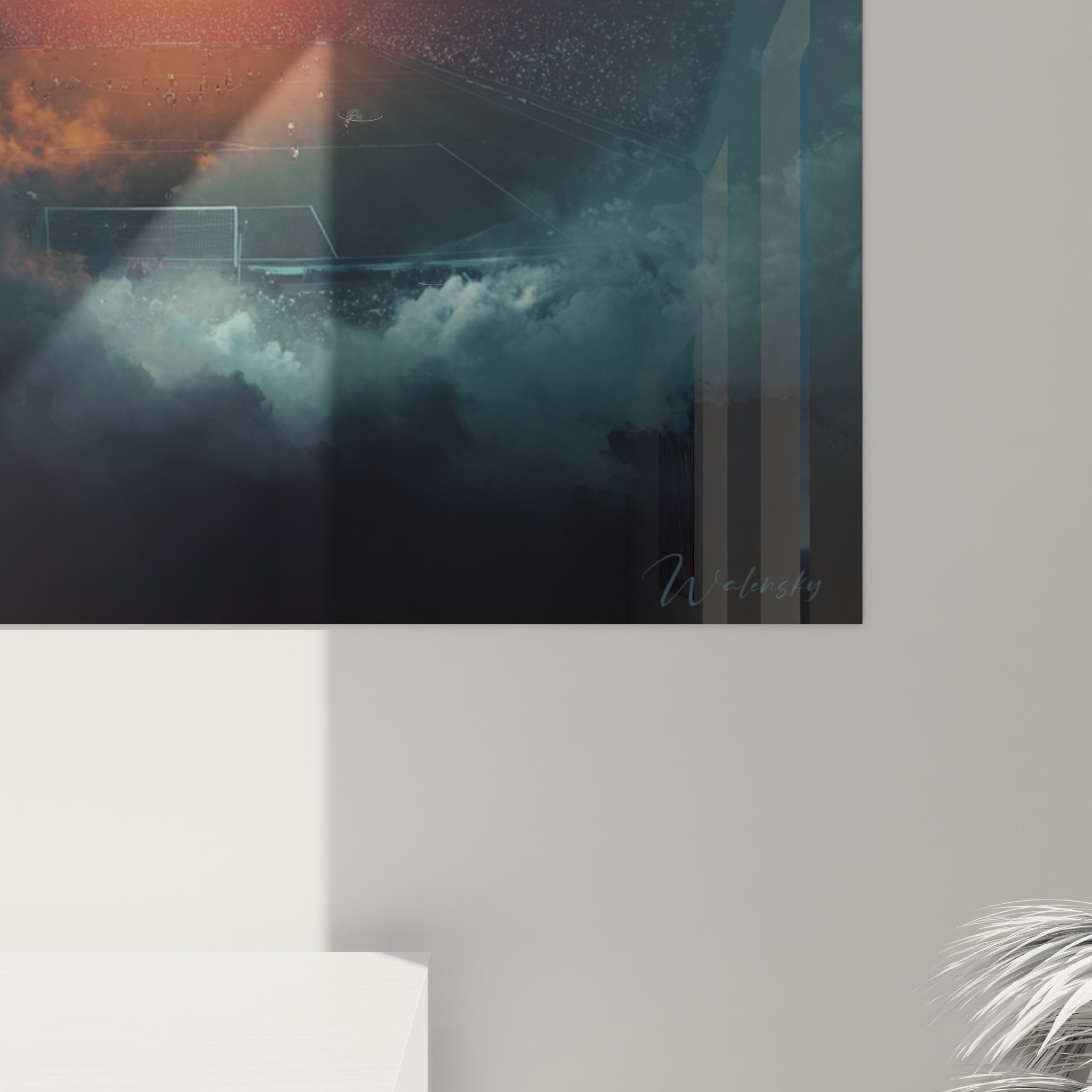 Vue d'ensemble tableau mural football futuriste dans salon moderne ambiance décorative élégante