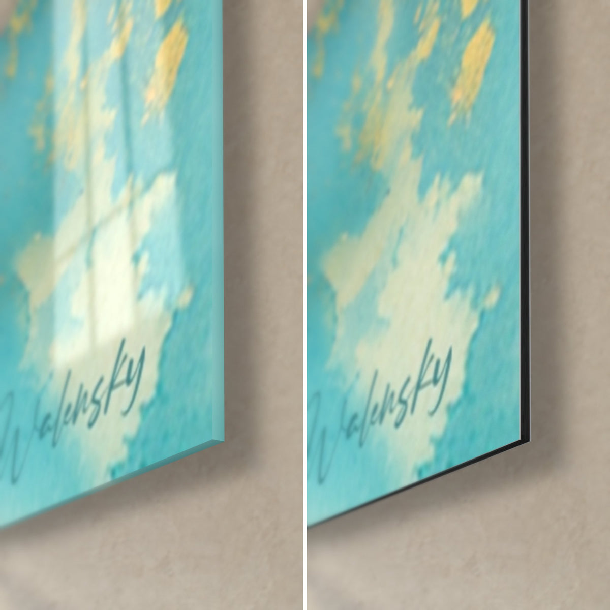 Schilderij van een gouden boot op turquoise water, rechtsonder met gouden glinsteringen, glanzend acrylglas en mat Dibond, 3 mm dik