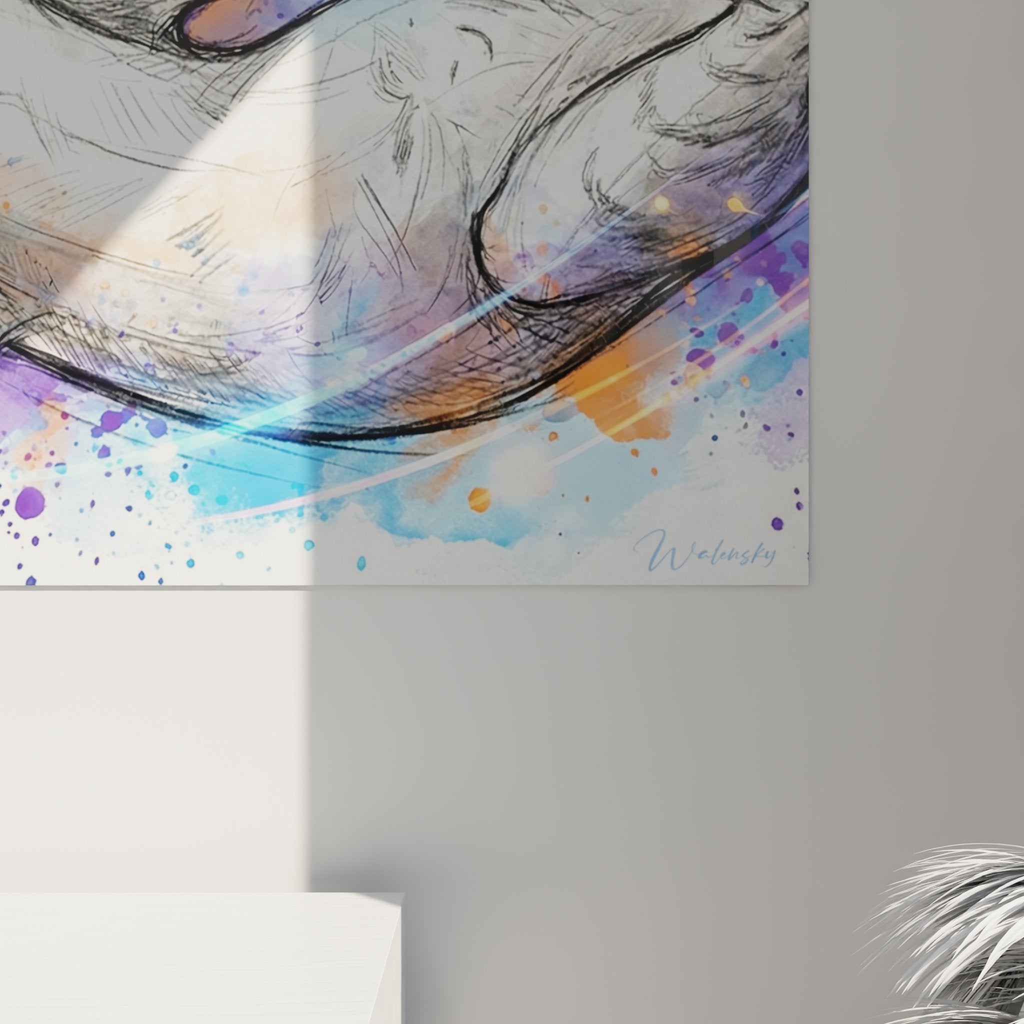 Übersichtliche Ansicht eines Wandbildes mit orientalischer Kurzhaarkatze im modernen Aquarellstil zur Innenausstattung