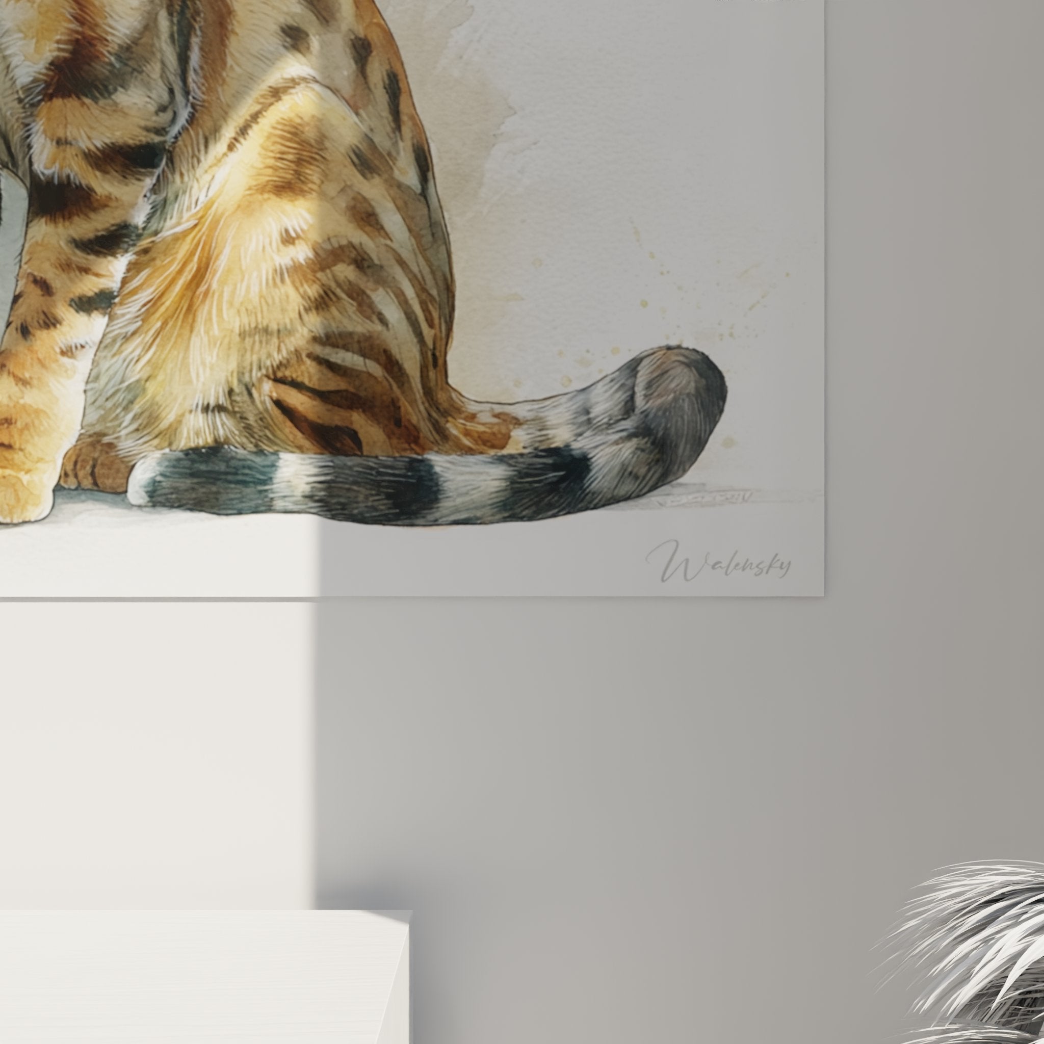 Vue d'ensemble tableau chat Serengeti aquarelle pose elegante arriere-plan artistic eclaboussures