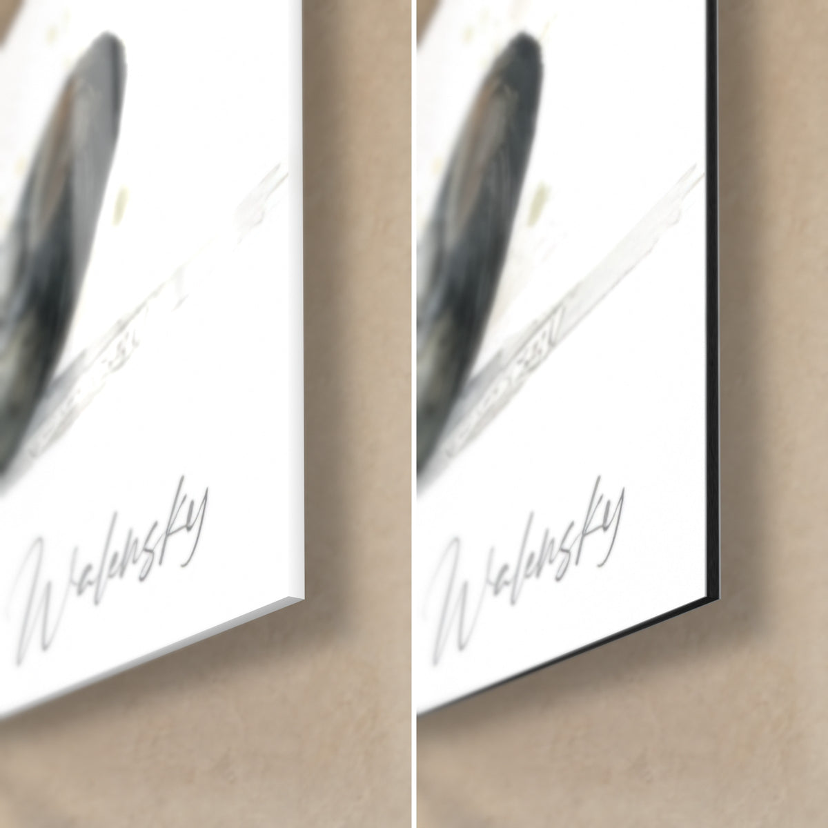 Schilderij van een gevlekte kat, staartpunt gestreept in grijs en zwart, Walensky-signatuur, rechterhoek onderaan in glanzend glas en mat Dibond, rand van 3 mm