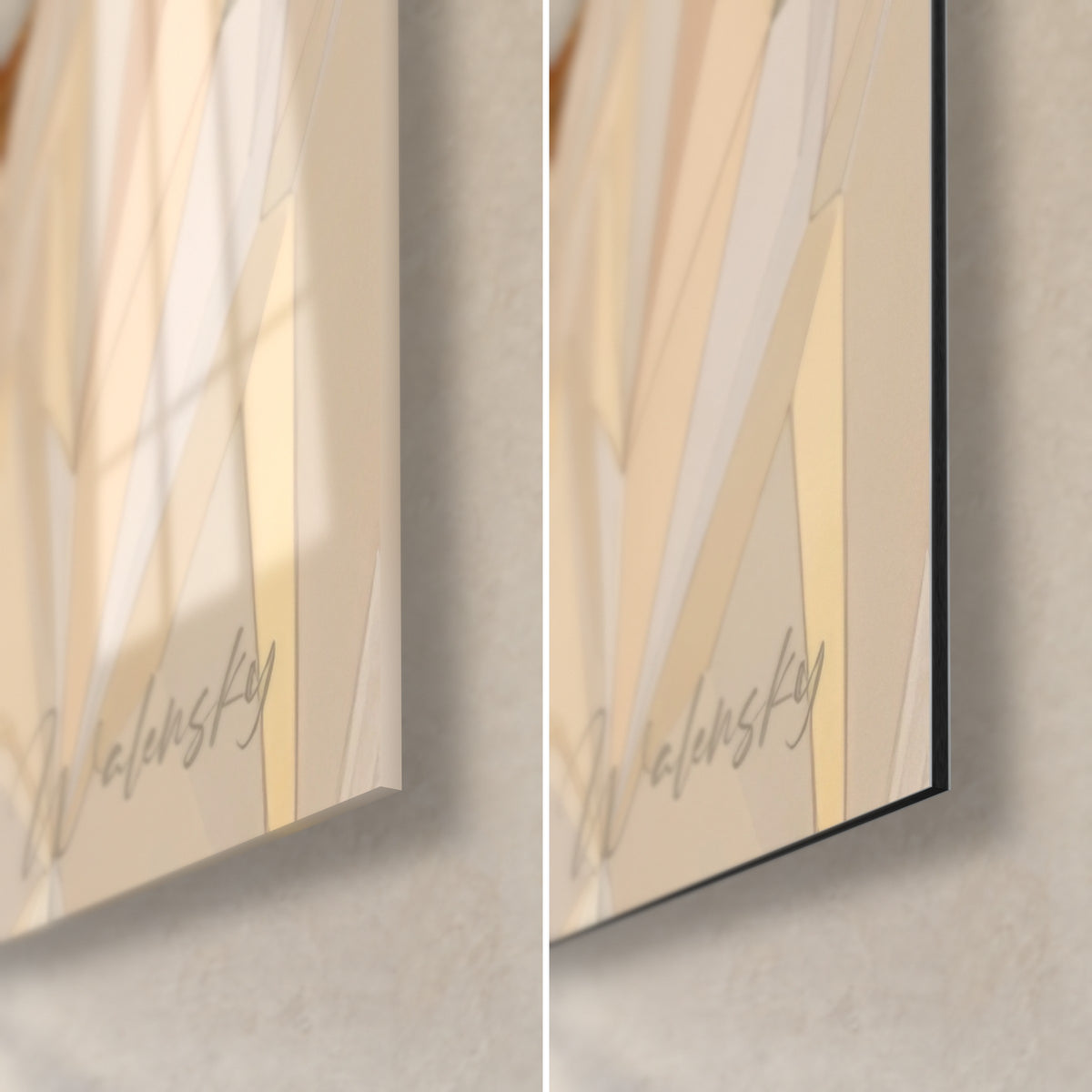 Wall art polygonal cat, bottom right corner: glossy acrylic glass with reflections, matte black Dibond aluminium, fine 3 mm edge