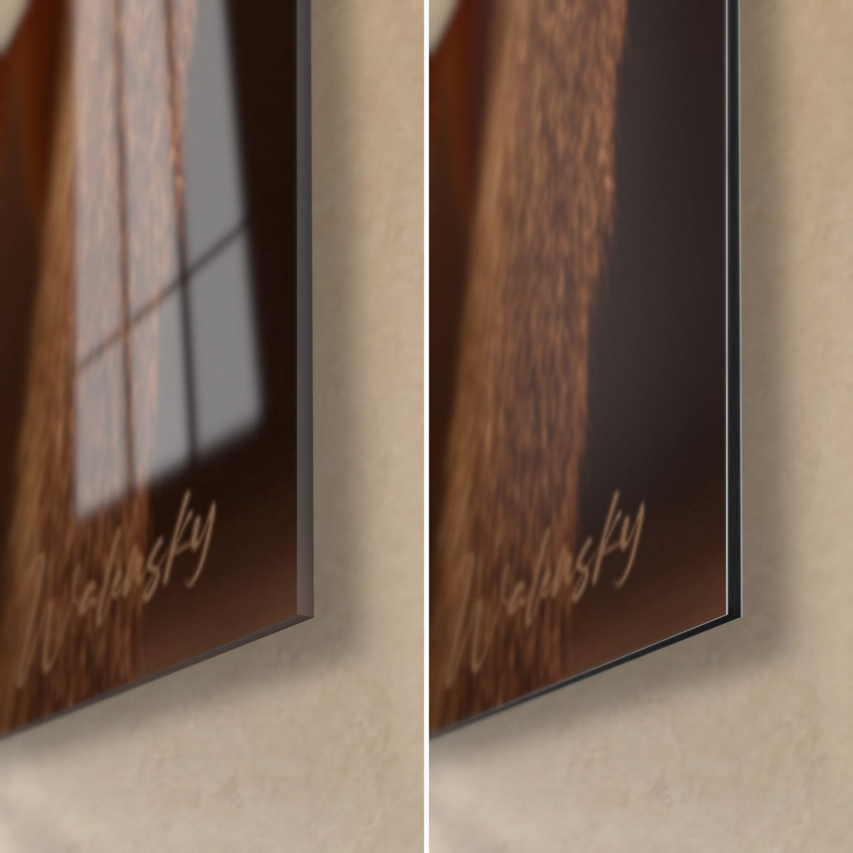 Wall art ginger cat, bottom right corner: glossy acrylic glass reflecting a window, matte brown Dibond aluminium, 3 mm edge
