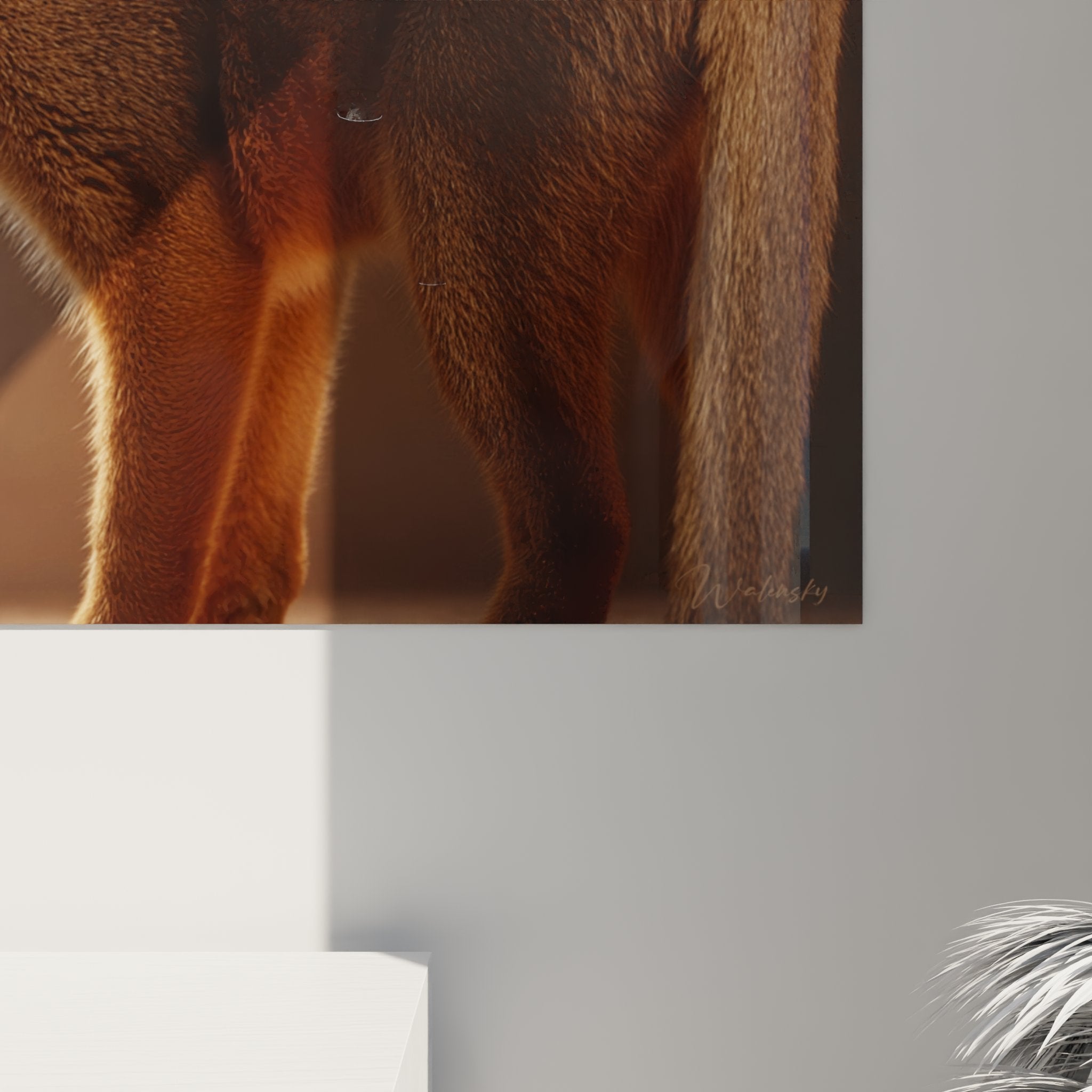 Vue ensemble tableau mural chat Chausie roux dans salon contemporain, decoration murale art animalier