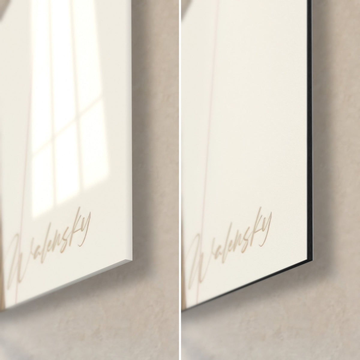 Wall art portrait of a nude cat in black and cream blocks, bottom right corner, glossy glass on the left, matte Dibond on the right, 3 mm edge