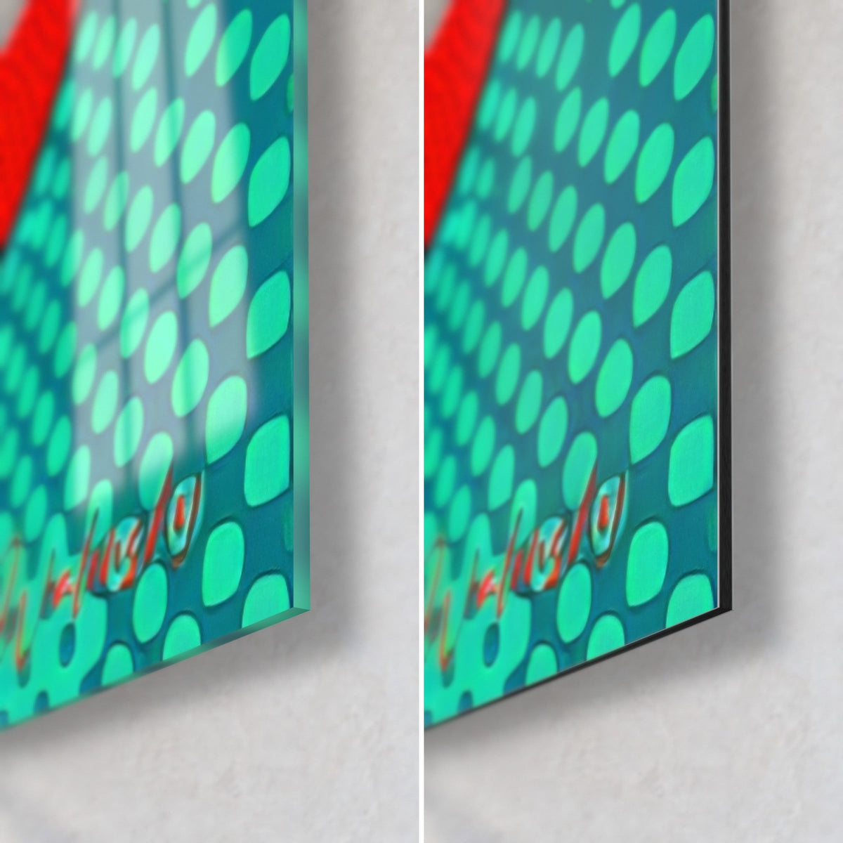 Gemälde mit Pop-Art-Tischtennisschlägern, untere rechte Ecke: glänzendes Glas mit Reflexen links, mattes Dibond rechts, 3 mm Kante, türkisfarbenes Raster