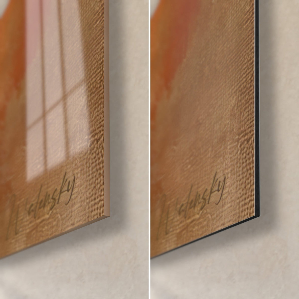 Tableau chat Singapura aux grandes oreilles, coin bas droit : verre acrylique brillant à gauche, alu Dibond mat ocre à droite