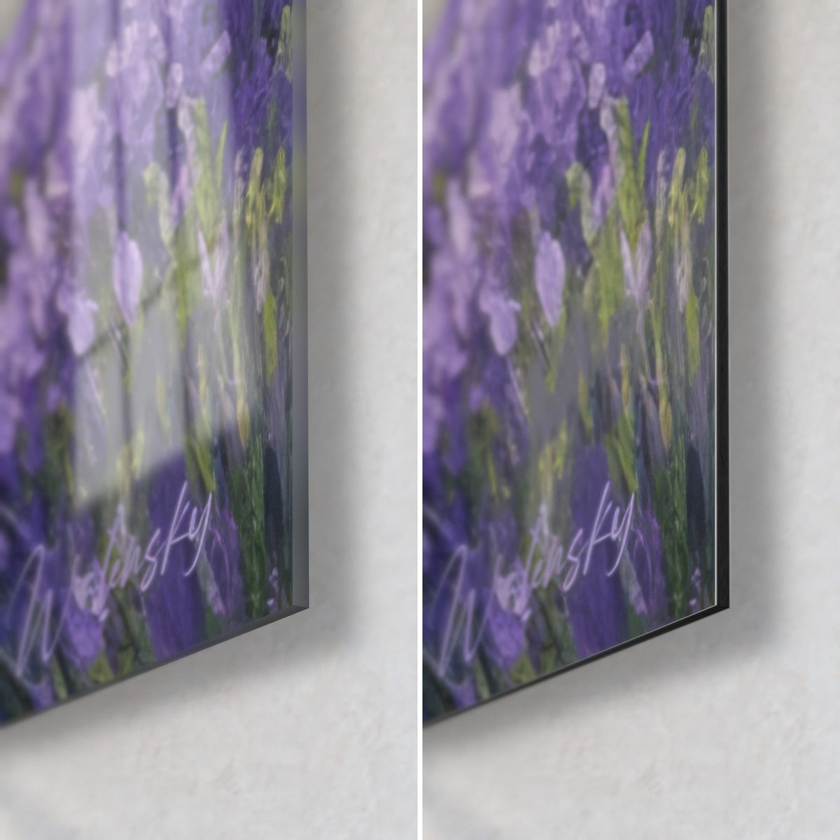 Tableau champ de lavande, coin bas droit : acrylique brillant aux reflets, Dibond noir mat et tranche de 3 mm