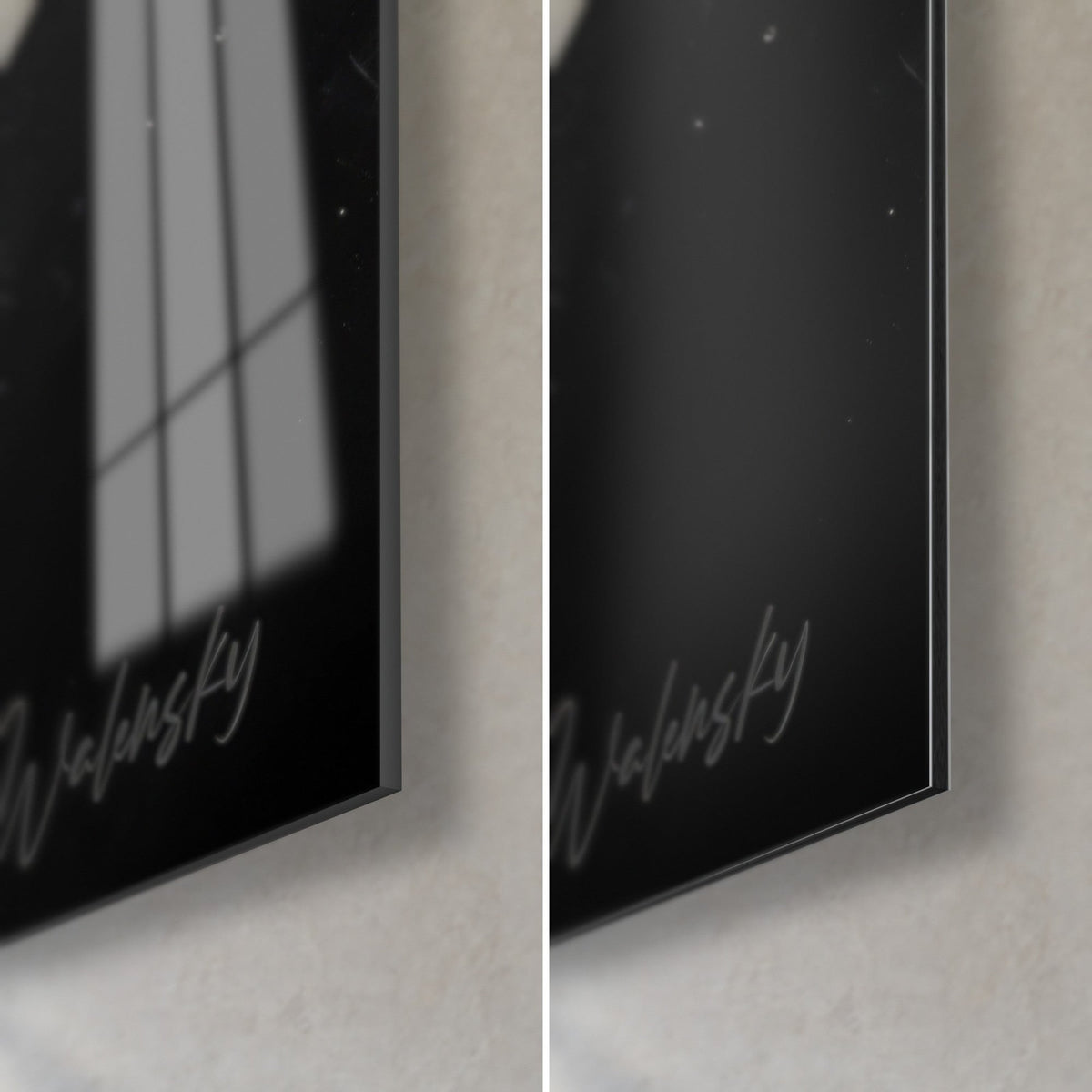Wall art of a grey ping-pong paddle on a black background, bottom right corner: glossy acrylic glass and matte Dibond aluminium, 3 mm thickness