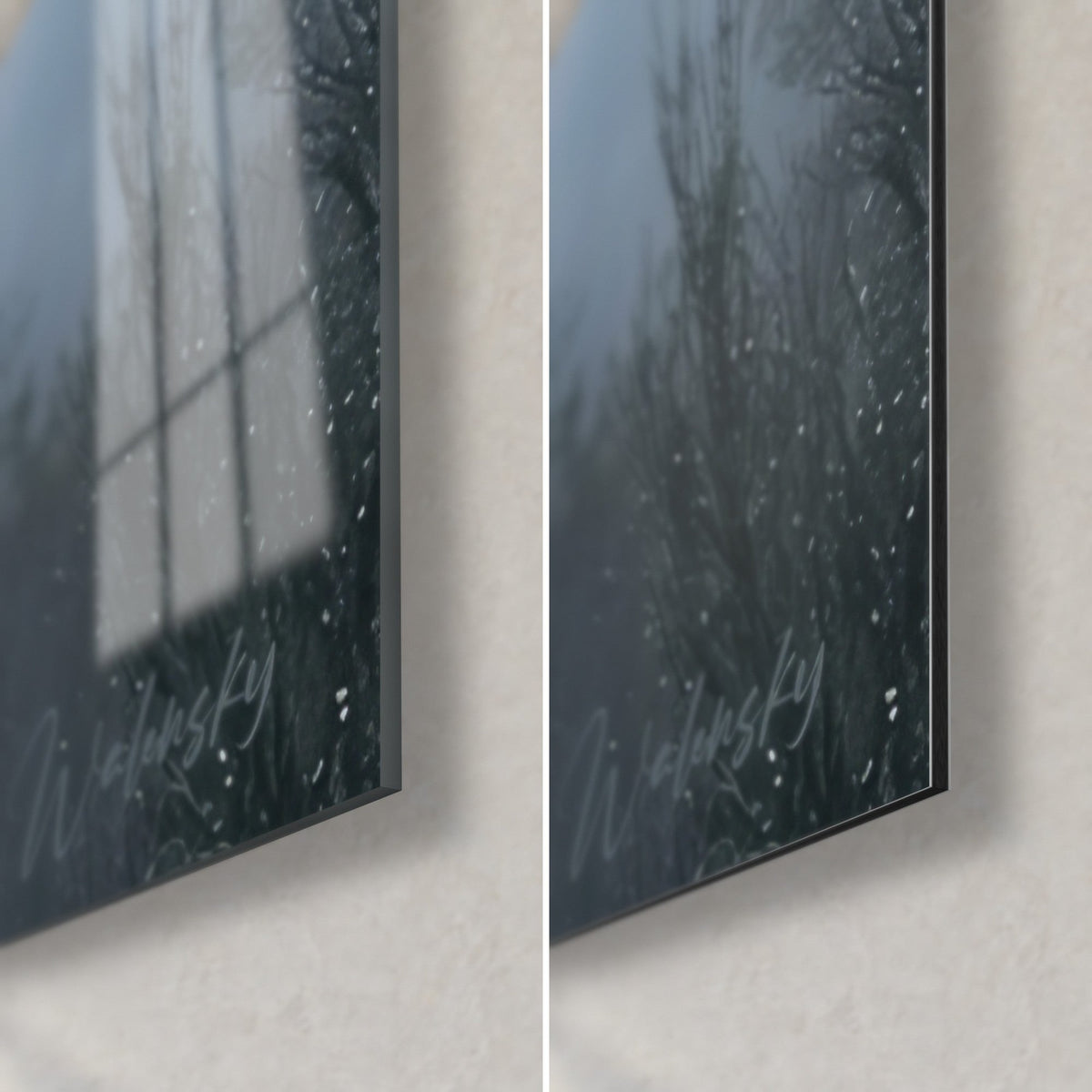 Schilderij grijze tijgerkat in de mist, rechtsonder: glanzend acrylglas, mat wit Dibond-aluminium, rand van 3 mm