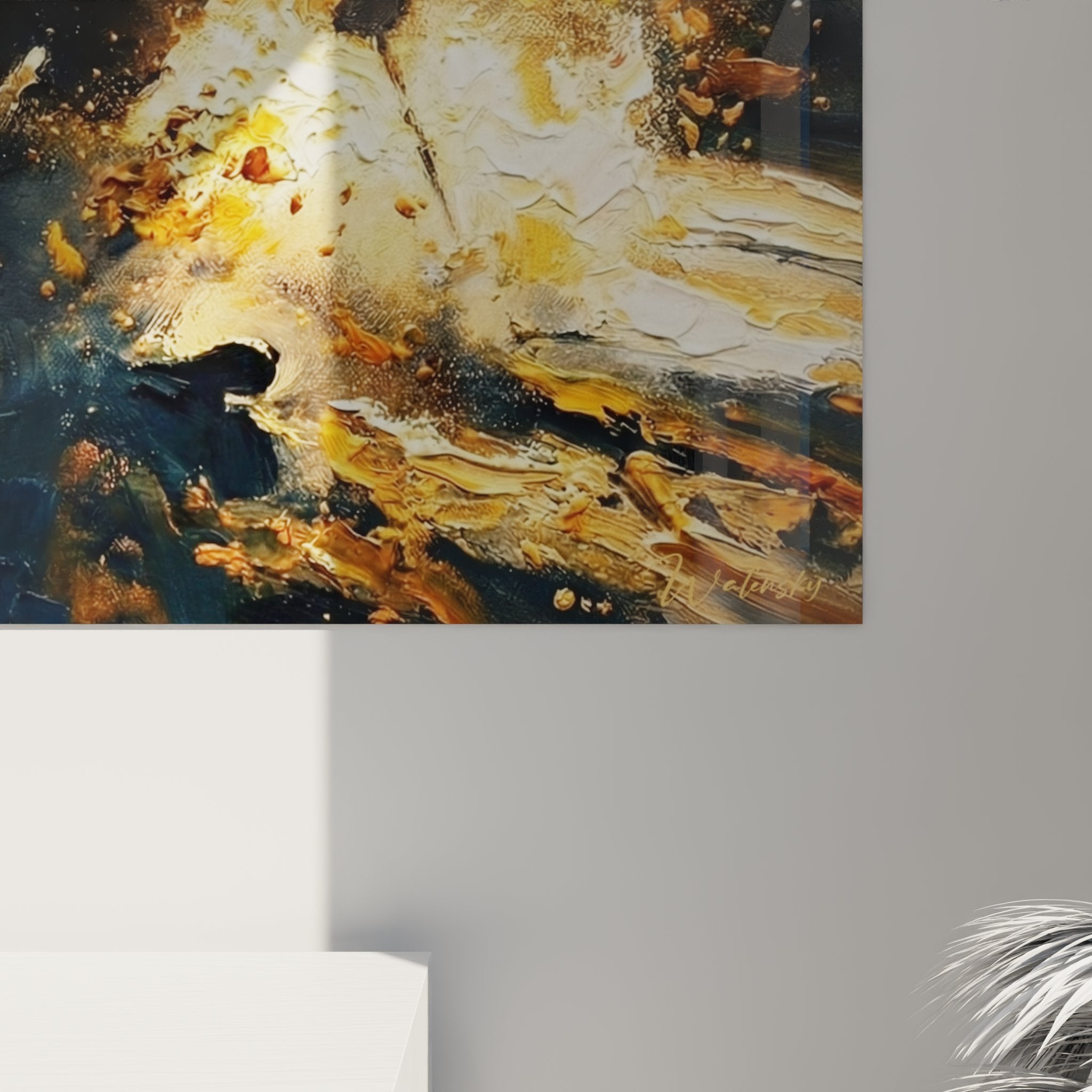 Vue d'ensemble tableau mural skieur explosion décorant salon moderne avec éclairage ambiant