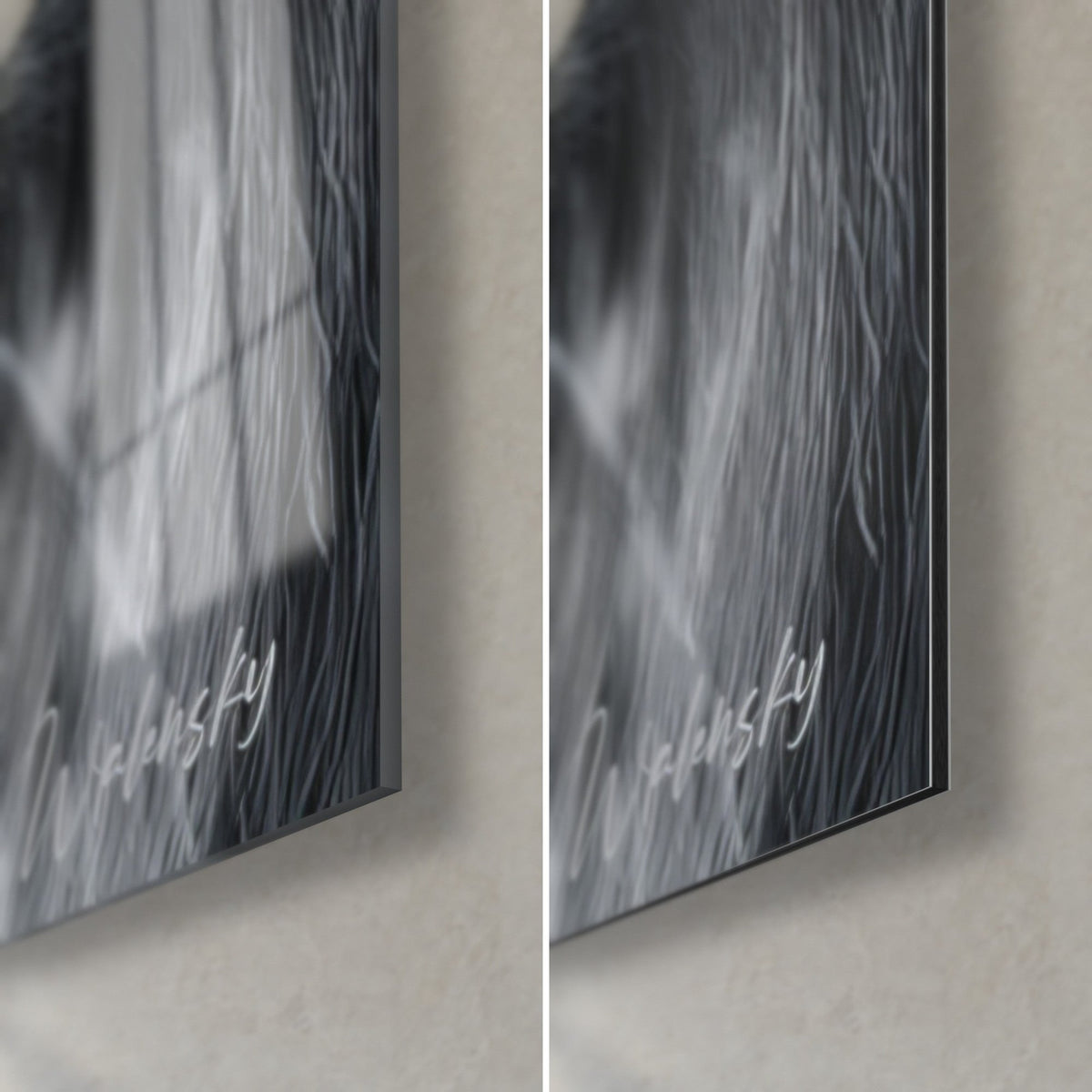 Tableau matou gris moucheté de neige, coin bas droit : verre acrylique brillant à gauche, Dibond mat noir à droite, tranche 3 mm