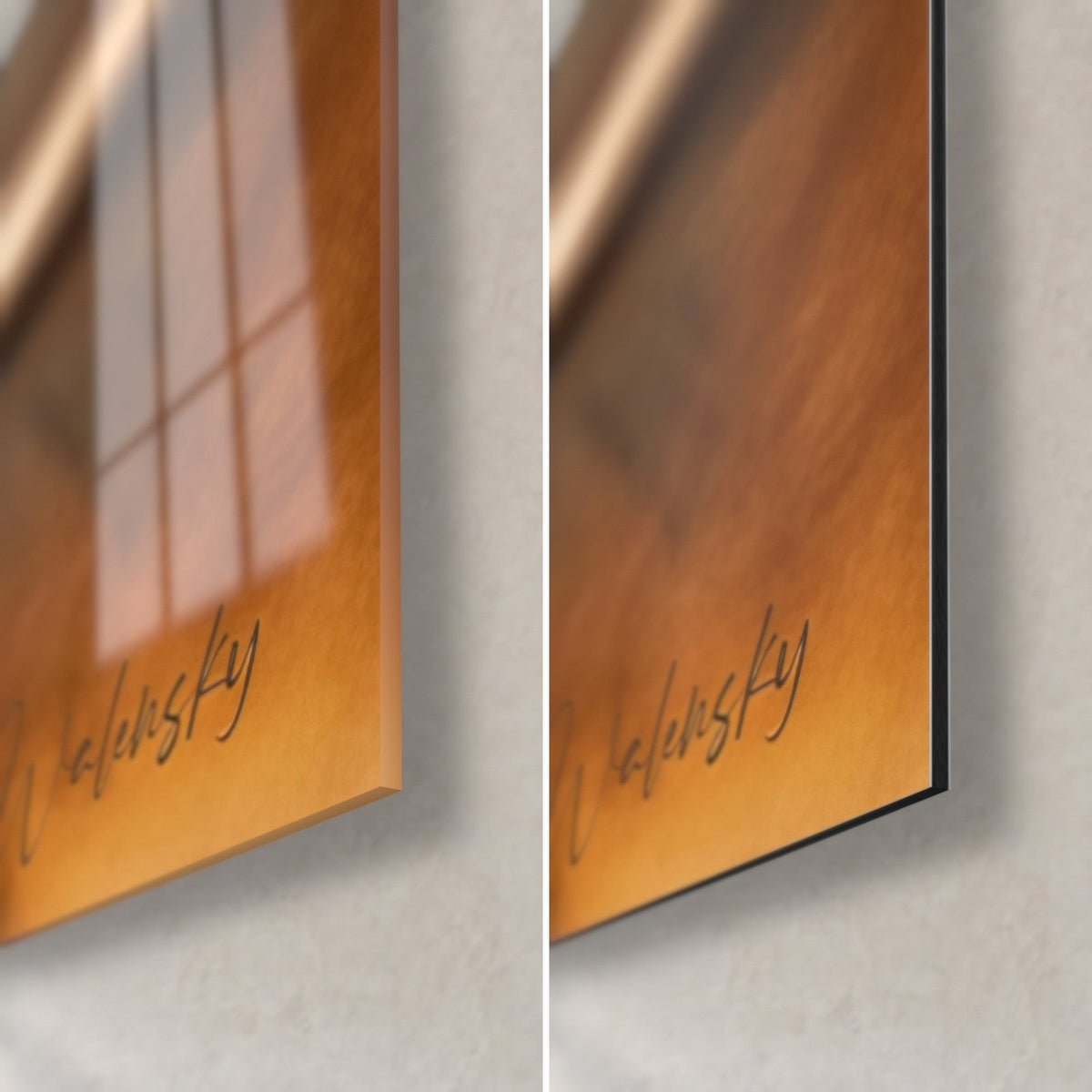 Schilderij tafelvoetbalspelers in honing- en koperkleuren, rechteronderhoek: glanzend acrylglas met reflecties, mat zwart Dibond-aluminium, rand van 3 mm