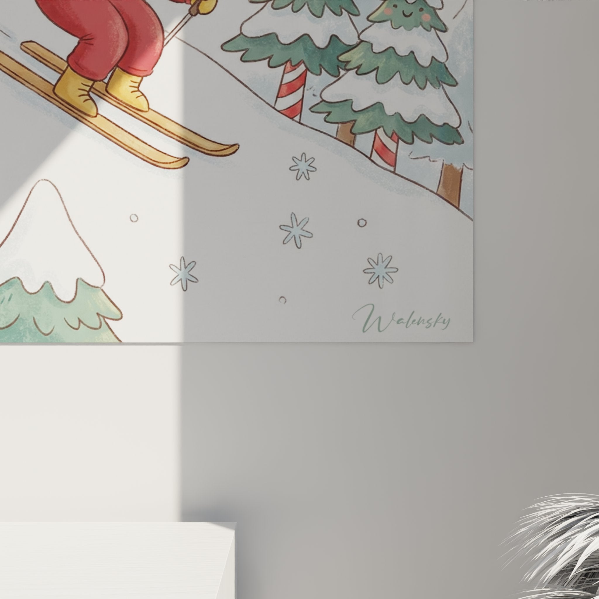 Vue d'ensemble du tableau enfant skieur dans un décor de montagne avec sapins enneigés et flocons