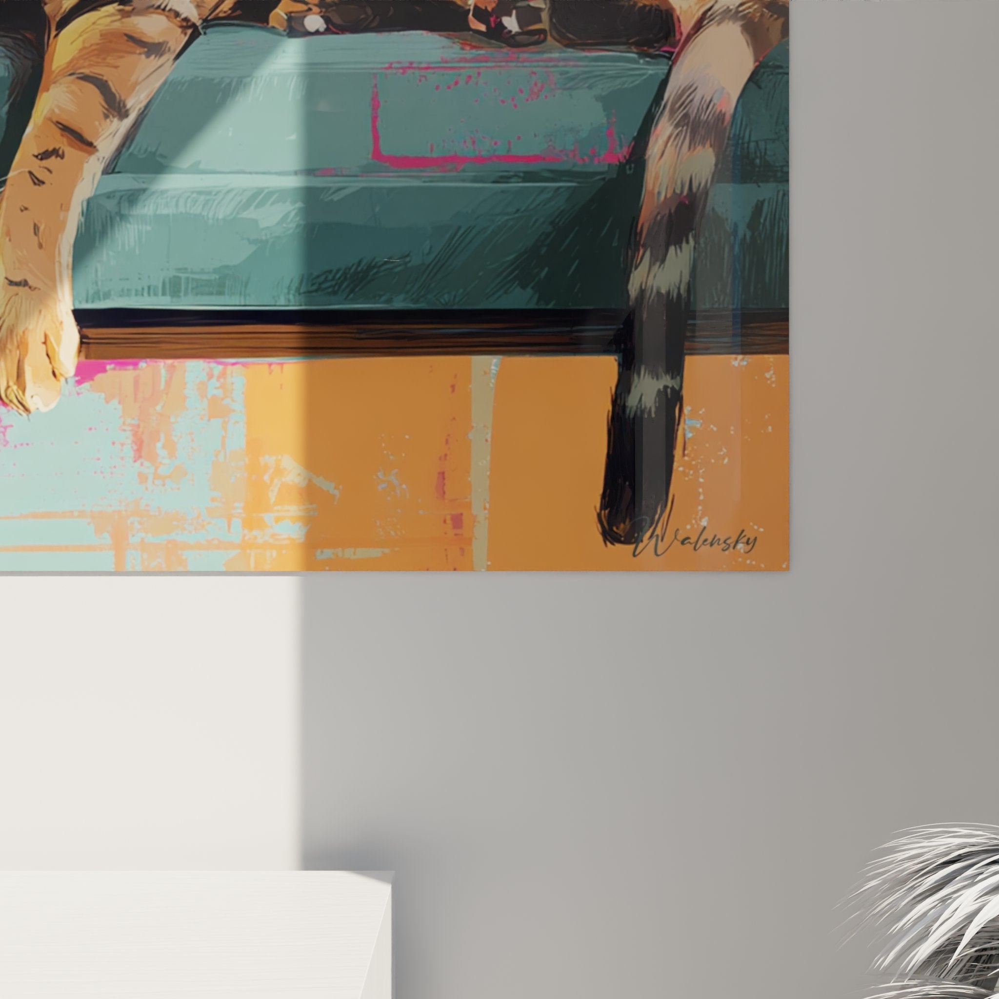 Vue ensemble tableau mural chat Toyger fauteuil vintage arrière-plan abstrait coloré style pop décoratif