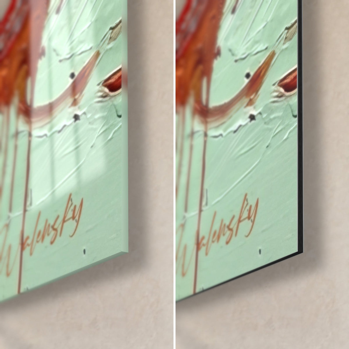Schilderij van een turnster met scharlakenrode linten, rechtsonder, koperkleurige handtekening op zeegroen, glanzend glas en mat Dibond