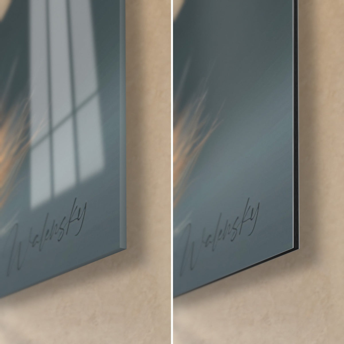 Wall art Sitting ginger tomcat, bottom right corner: glossy acrylic glass reflecting the window, matte grey-blue Dibond aluminium, 3 mm edge