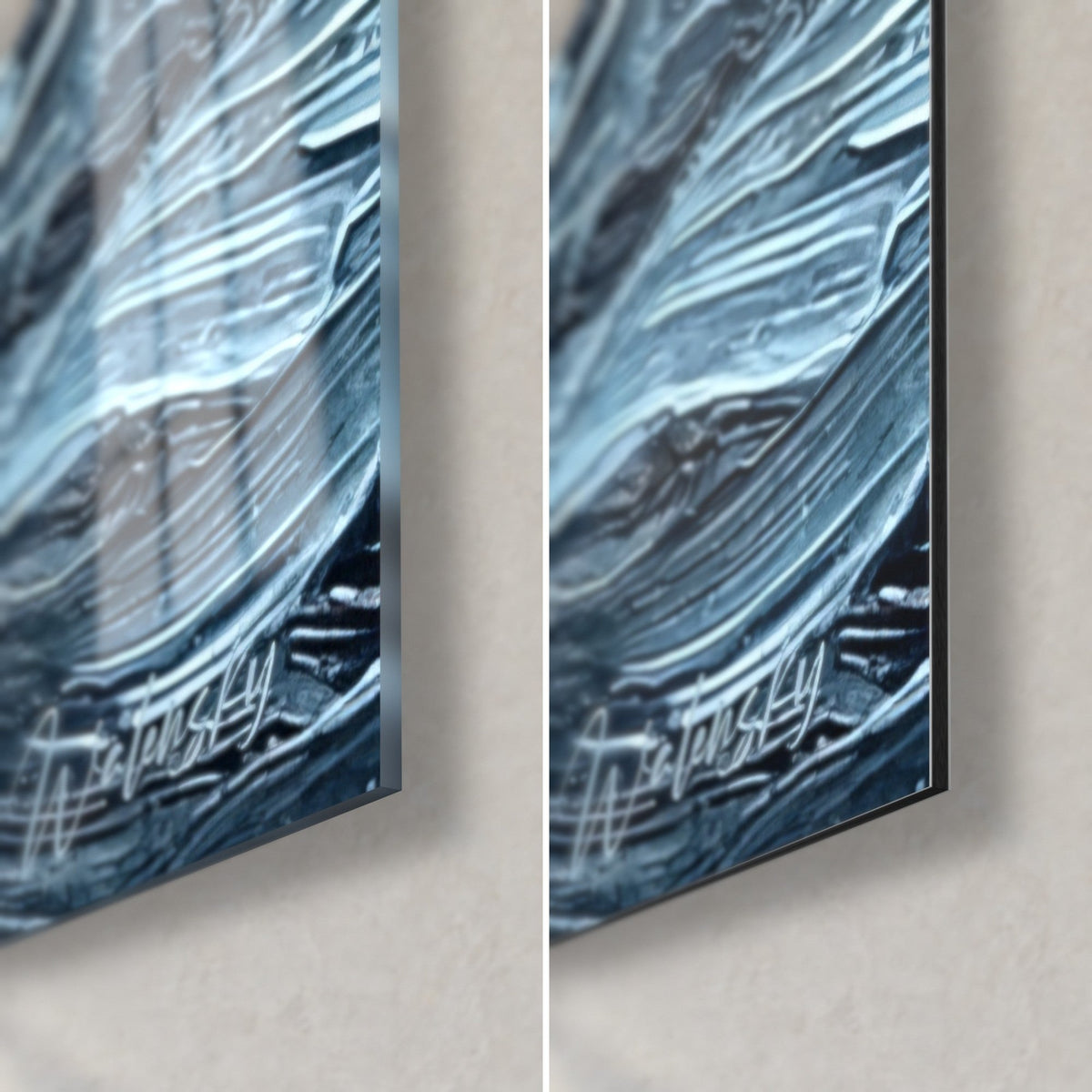 Quadro gattino dagli occhi verdi, angolo in basso a destra: vetro acrilico lucido e alluminio Dibond opaco grigio-azzurro, bordo di 3 mm