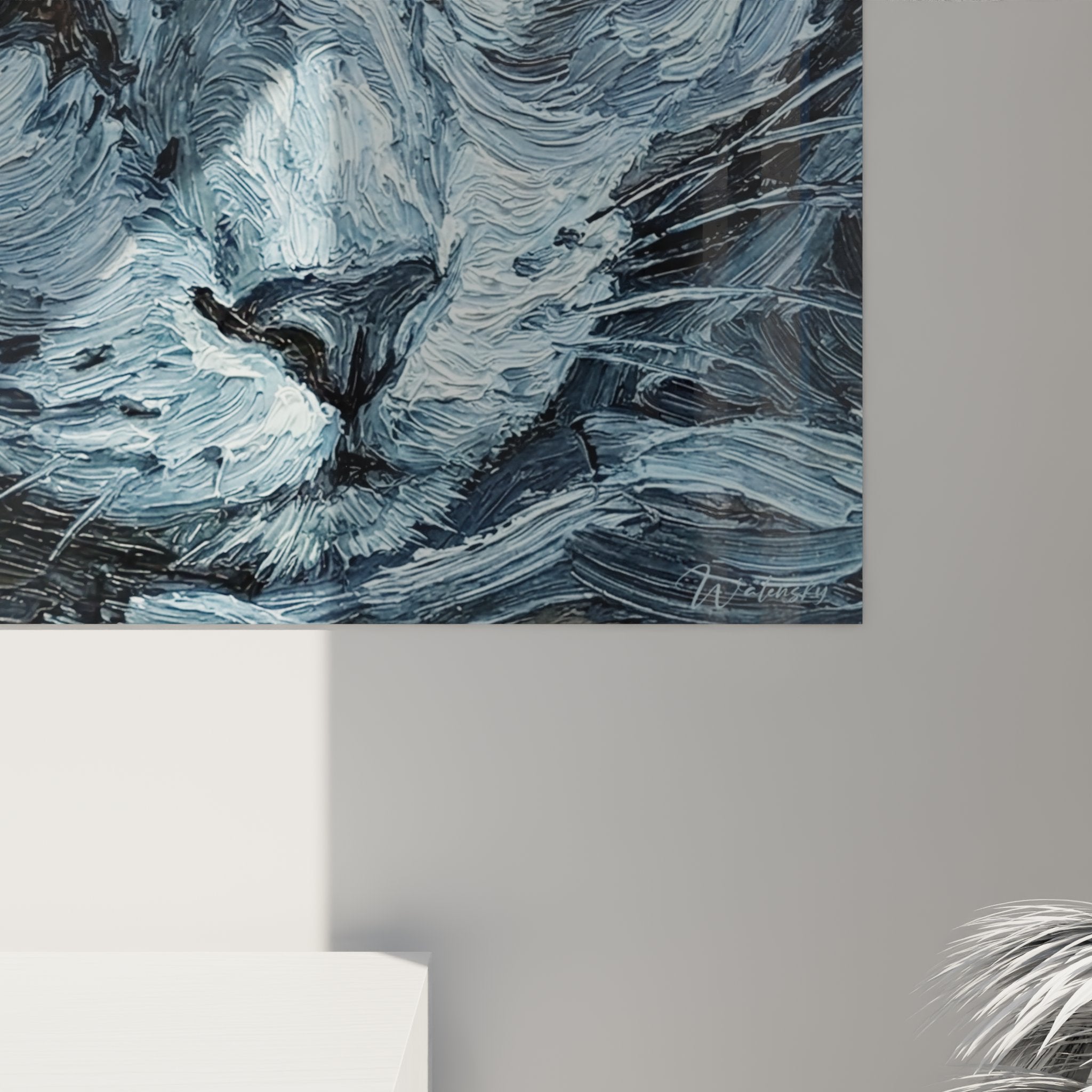 Vue ensemble tableau mural chat aux yeux verts decoration interieur moderne art animalier