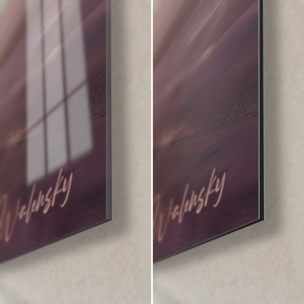 Wall art of a Formula 1 car under purple clouds, bottom right corner: glossy glass reflecting a window, matte Dibond and a fine edge