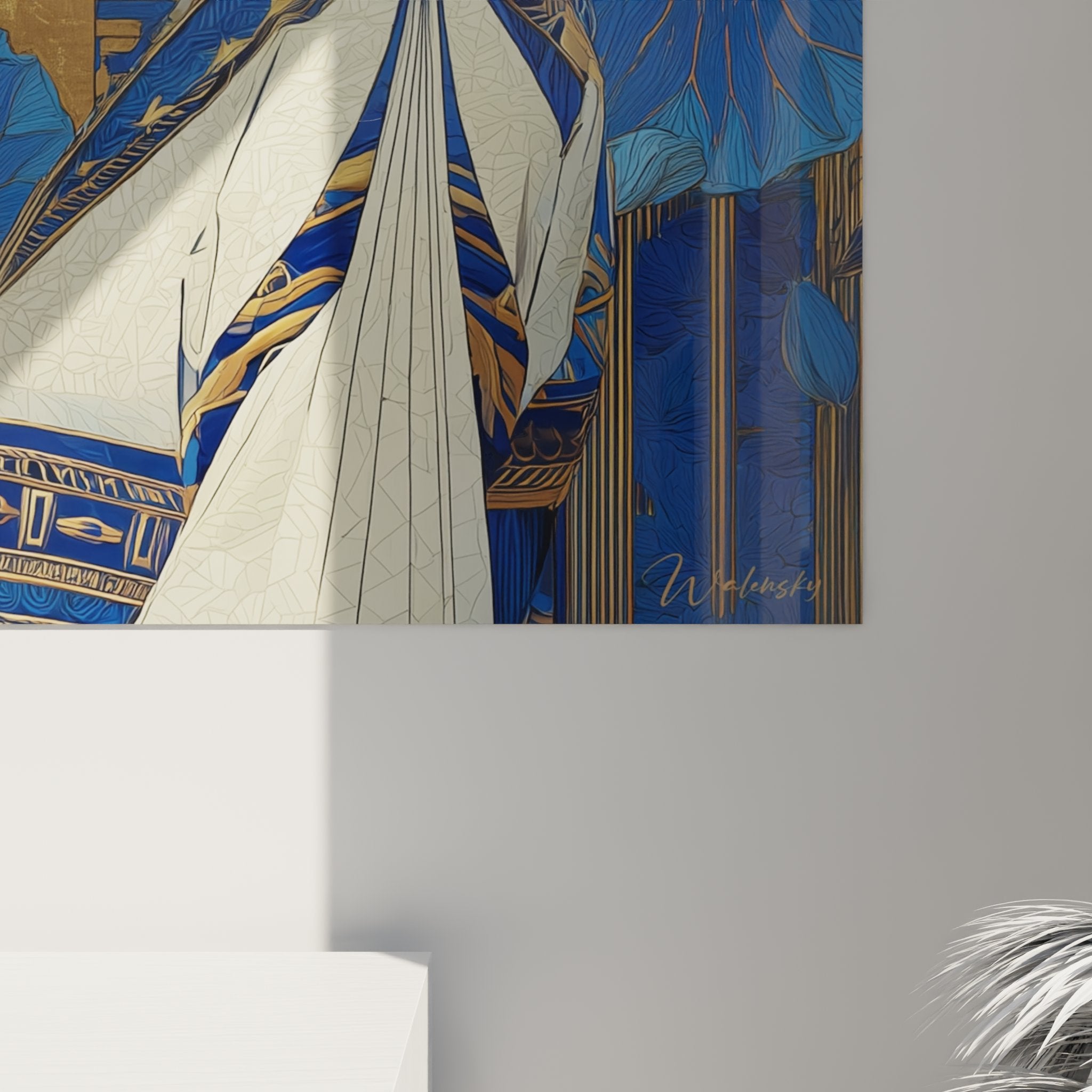 Full view art deco woman lotus painting blue wall decor modern interior design