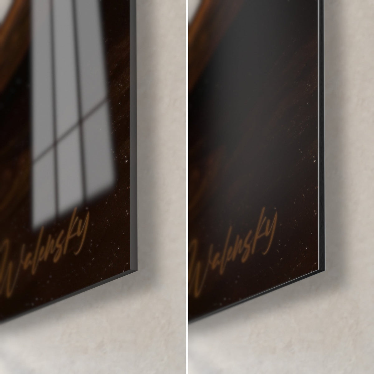 Wall art golf still life, bottom right corner: glossy acrylic glass reflecting the window, matte black Dibond, 3 mm edge