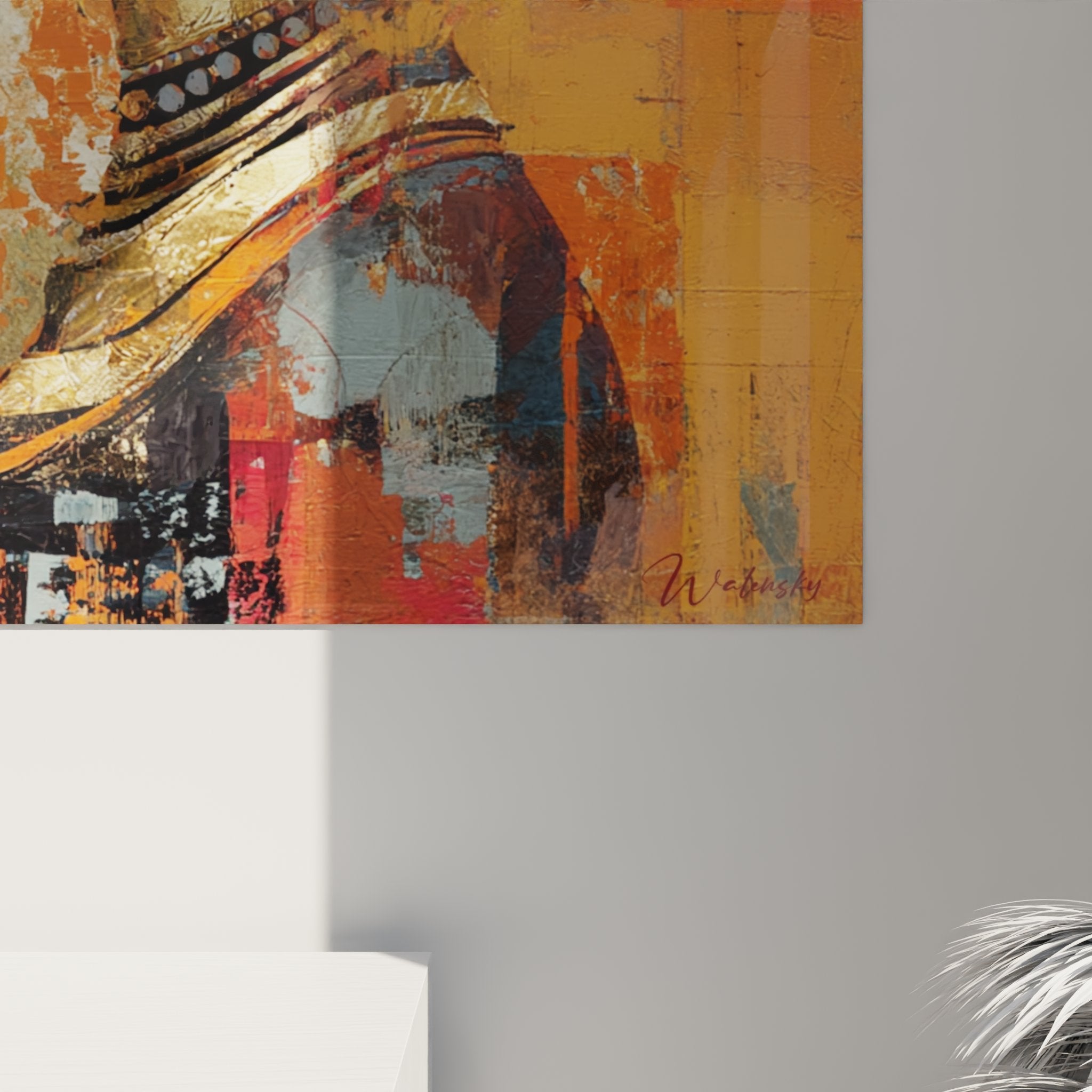 Gesamtansicht Wandbild afrikanisches Frauenprofil moderne ethnische Dekoration Erdtöne Ocker