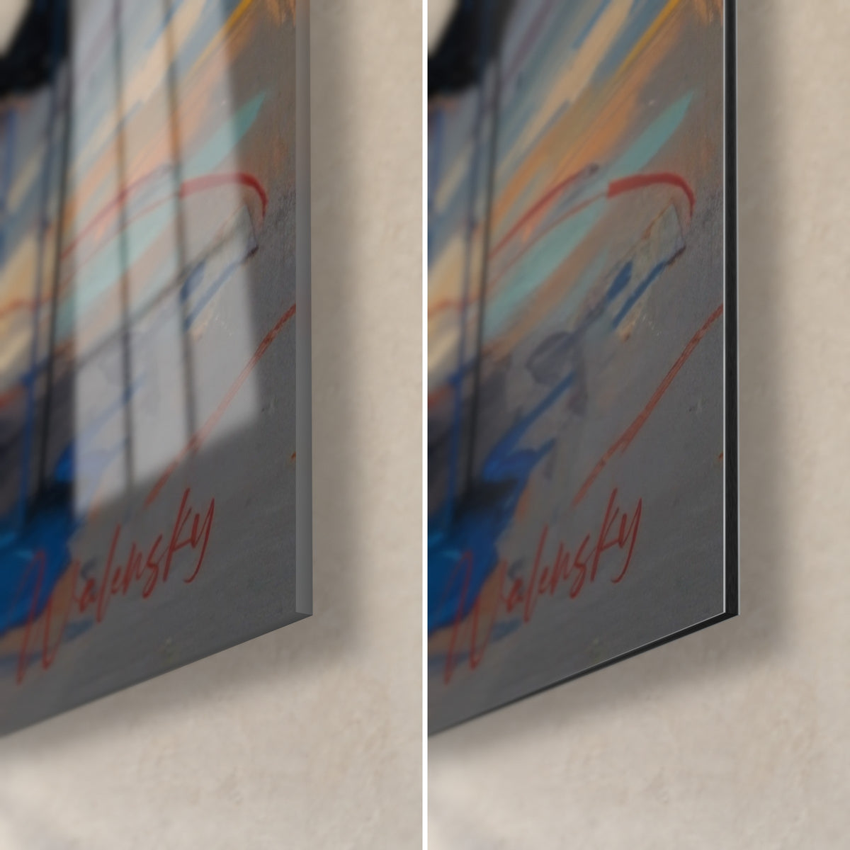 Tableau Bretonne en robe noire virevoltante, coin bas droit : verre acrylique brillant à gauche, alu Dibond mat à droite, tranche de 3 mm et signature rouge