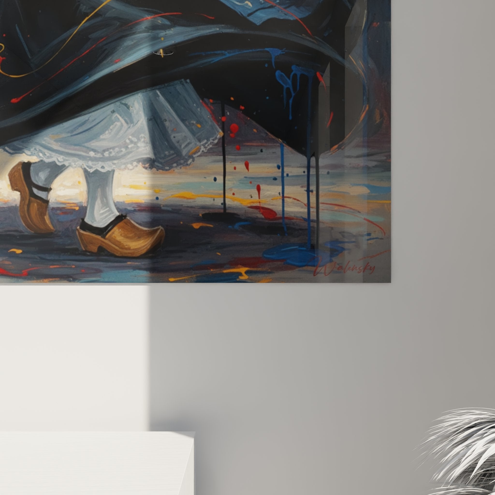 Vue ensemble tableau art breton danseuse en mouvement avec projections peinture coloree