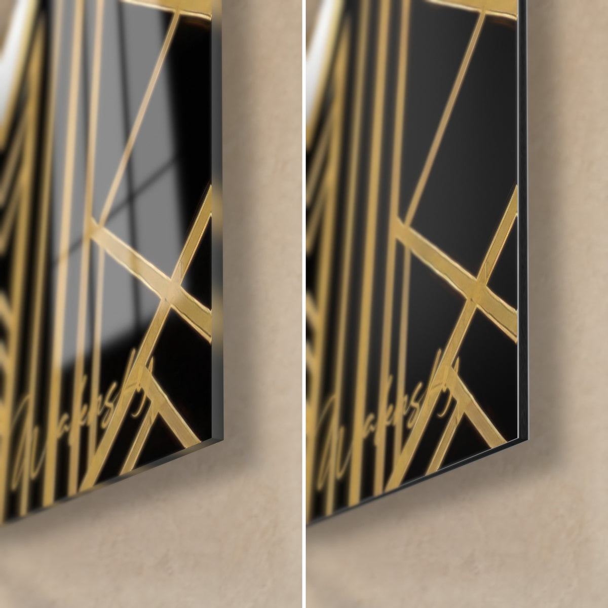 Πίνακας γάτα Art Deco, κάτω δεξιά γωνία: γυαλιστερό ακρυλικό γυαλί αριστερά, ματ αλουμίνιο Dibond δεξιά, χρυσά ρόμβοι σε μαύρο