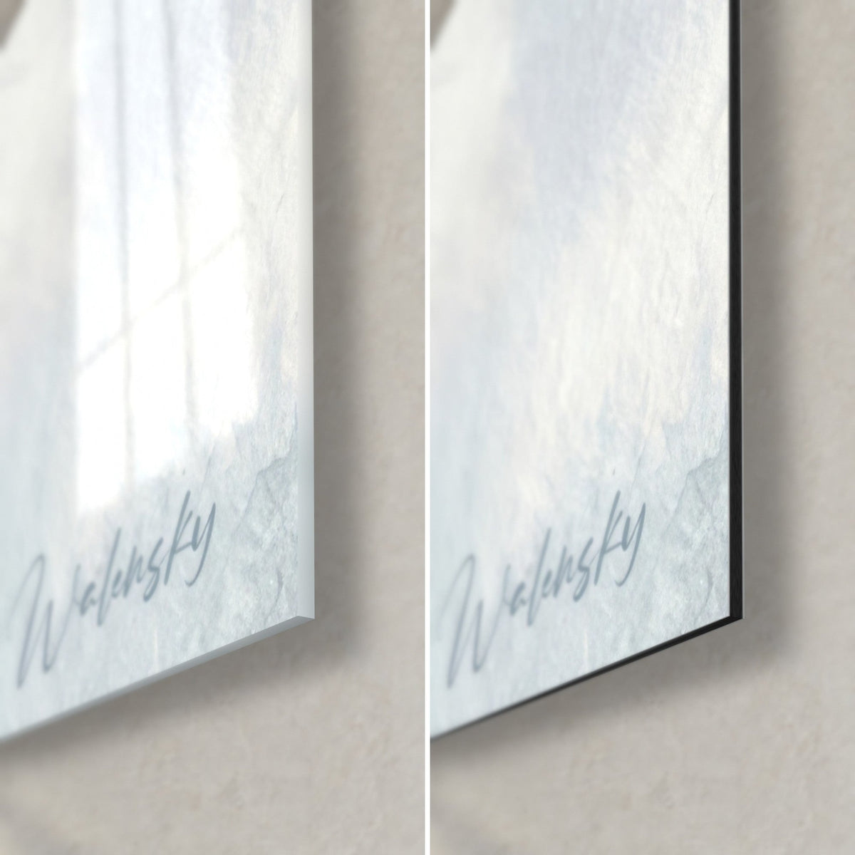 Schilderij Birmees katje met blauwe irissen, rechtsonder: glanzend acrylglas links, mat Dibond-aluminium rechts, 3 mm rand