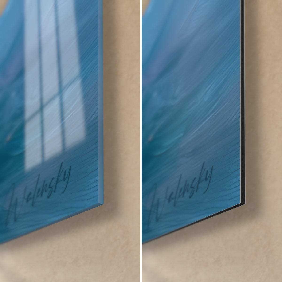 Wall art of an orange mountain above a blue lake, bottom right corner: glossy acrylic glass on the left, matte black Dibond on the right, 3 mm edge