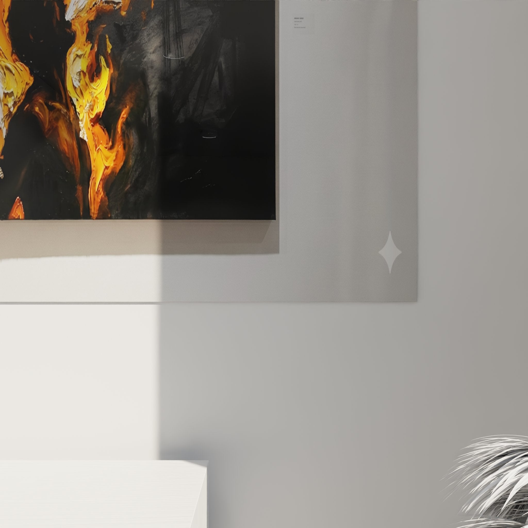 Vue ensemble tableau flammes abstraites mural, art contemporain orange noir decoration interieur moderne