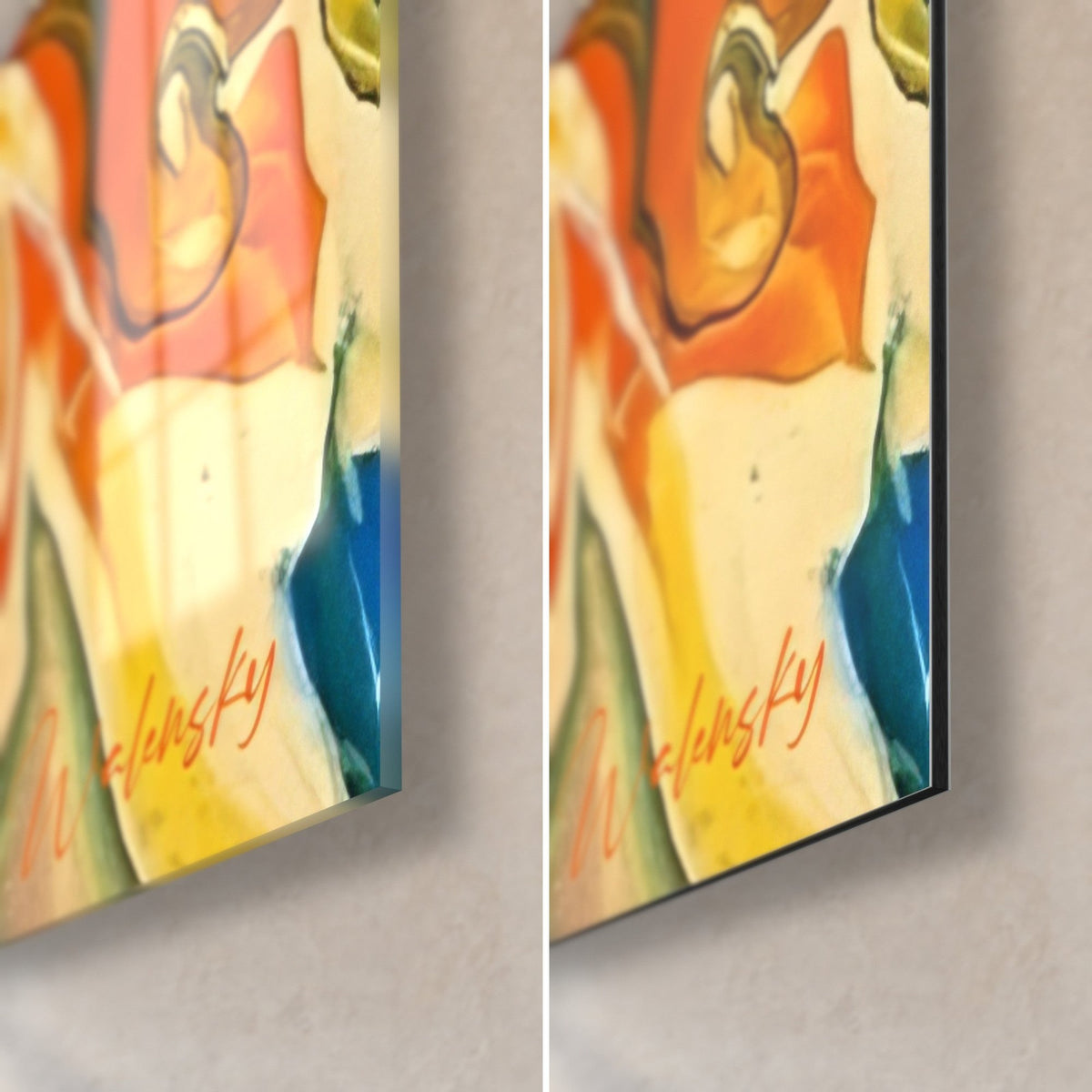 Gemälde Kater in Orange und Blau, Ecke unten rechts, glänzendes Acrylglas links, matte Dibond-Alu rechts, 3 mm Kantenstärke