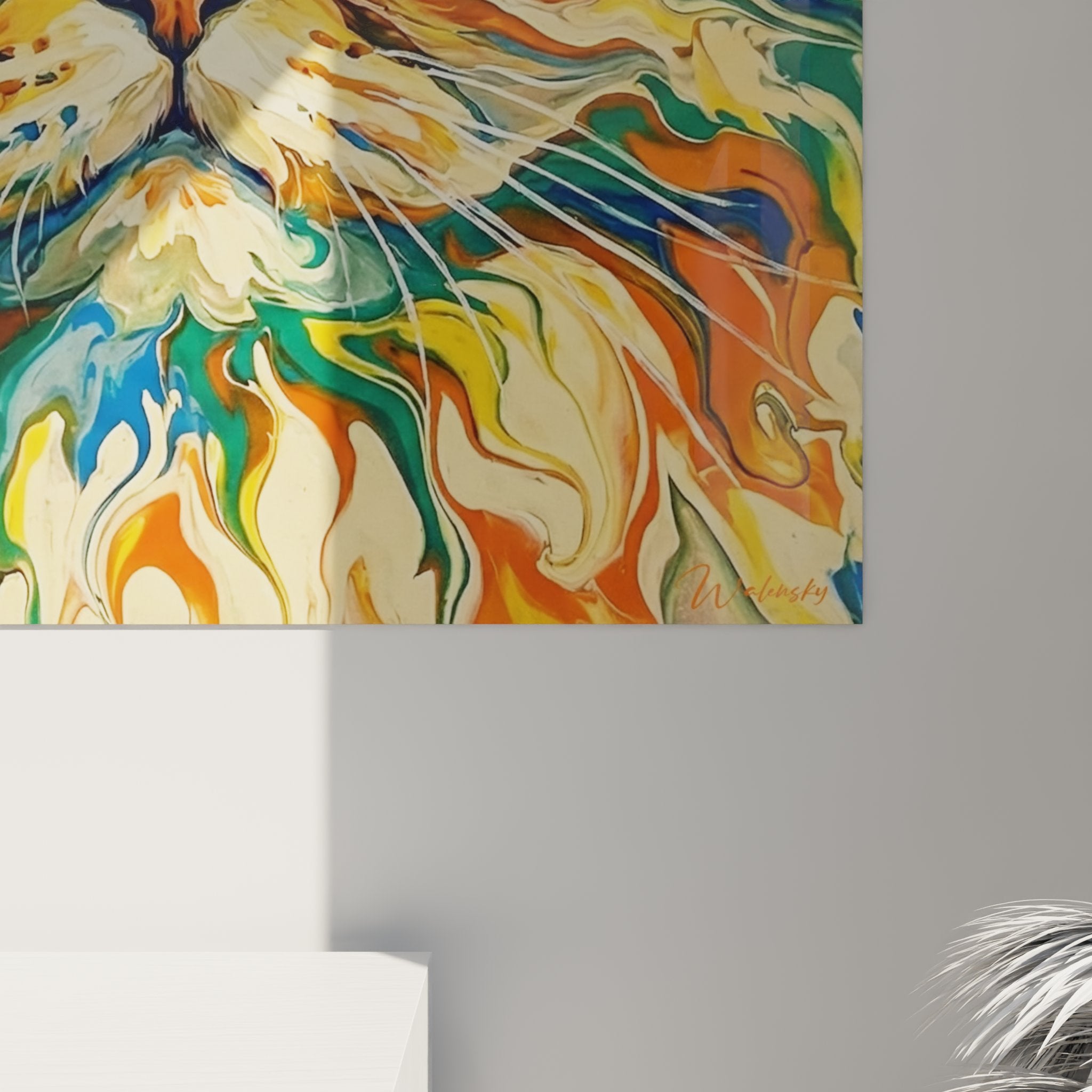 Gesamtansicht künstlerisches Persisches Katzen-Gemälde, moderne Wandkunst mit fließenden Farben für zeitgenössisches Wohnzimmer