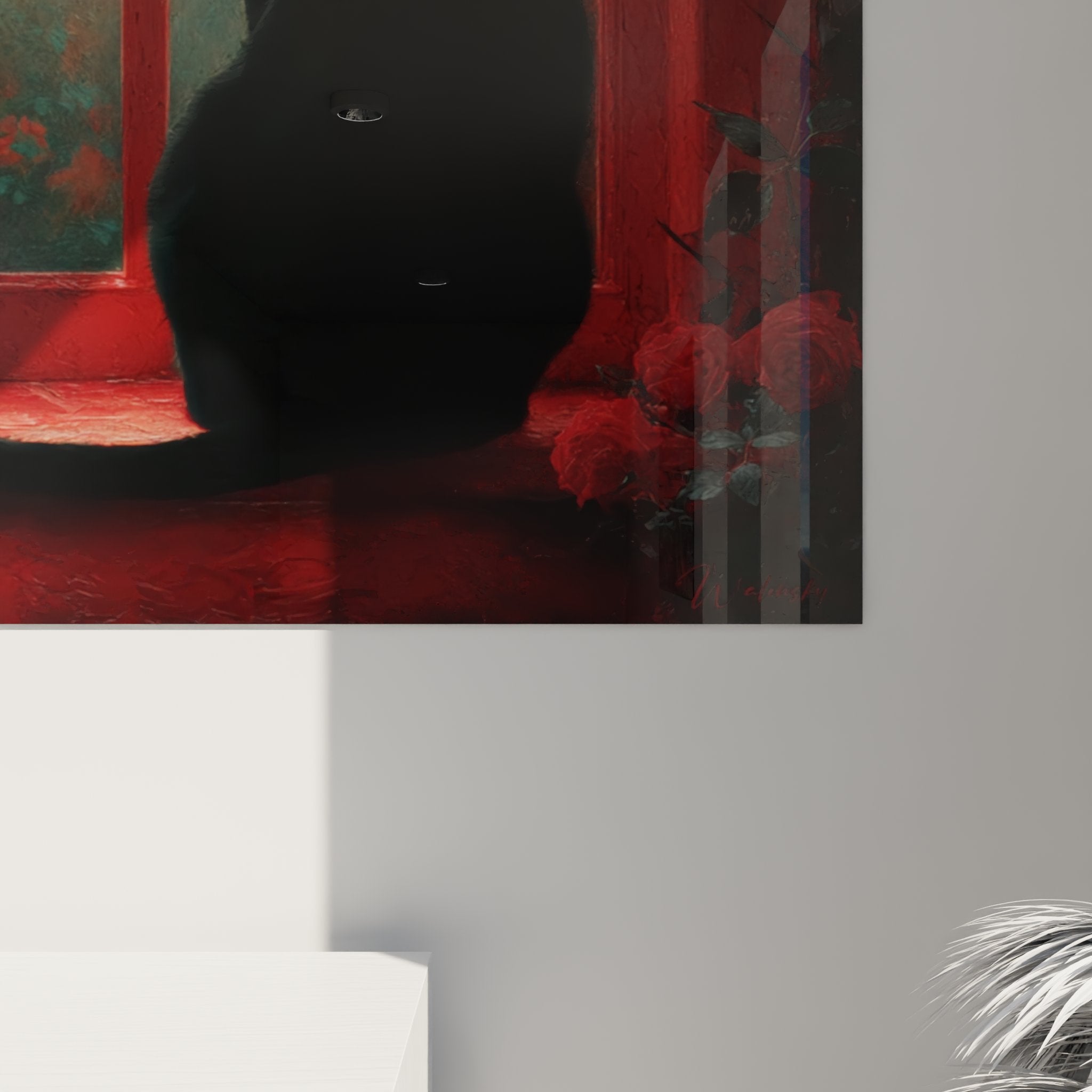 Vista d'insieme quadro decorativo gatto nero finestra giardino rose rosse stile romantico arte murale felino