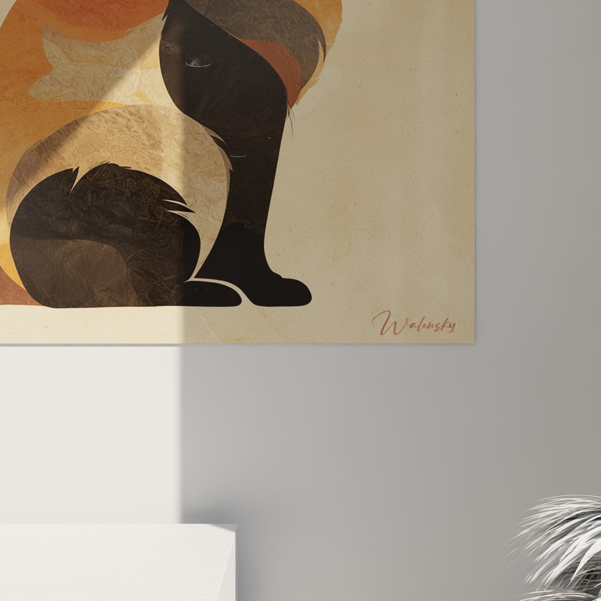 Vue d'ensemble tableau décoratif chat moderne, illustration minimaliste tons cuivrés sur fond beige