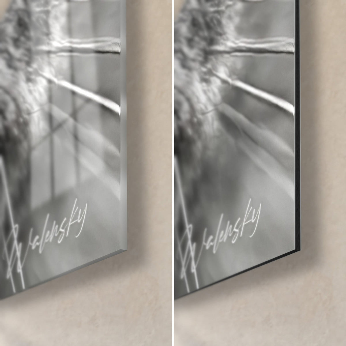 Tableau chat scottish fold aux poils gris argentés, coin bas droit en verre brillant reflétant la lumière et alu Dibond noir mat