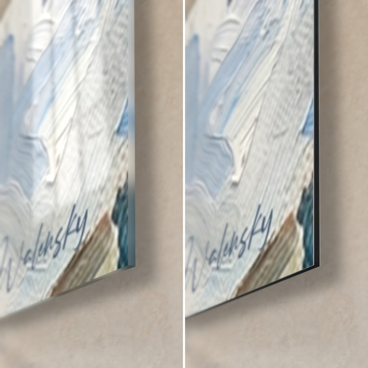 Collectible firearm oil painting, Walensky signature in midnight blue, bottom right corner in glossy glass and matte black Dibond, 3 mm edge