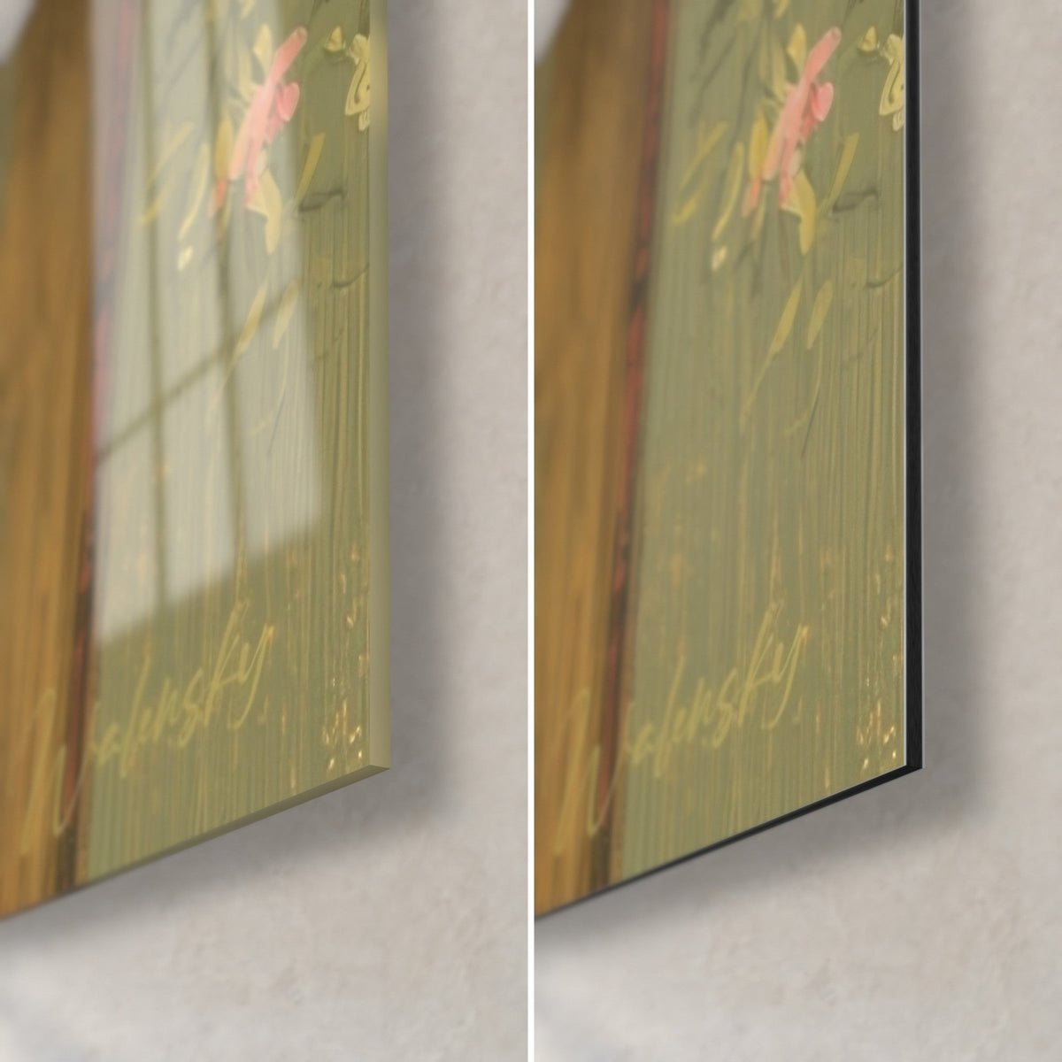 Gemälde eines schwarzen Katers auf salbeigrüner Kommode, unten rechts im Bild: glänzendes Acrylglas links, mattes Dibond rechts, 3 mm Kante