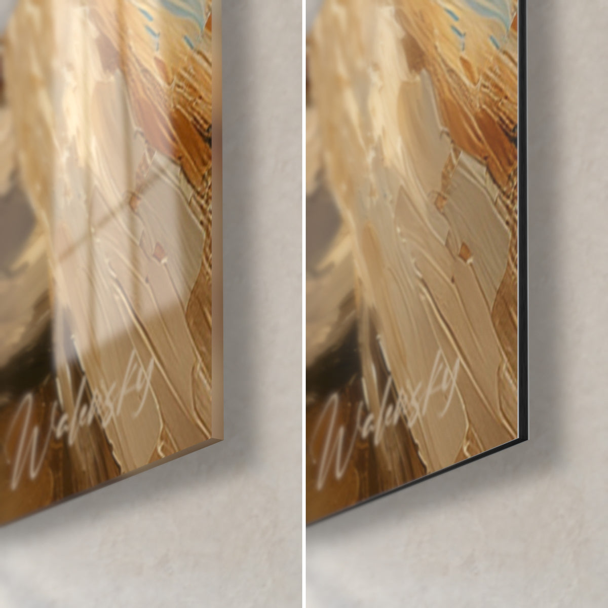 Gemälde cremefarbener Leinenvorhang in breiten ockerfarbenen Pinselstrichen, unten rechts: glänzendes Acrylglas und mattes Dibond-Aluminium, 3 mm Kante