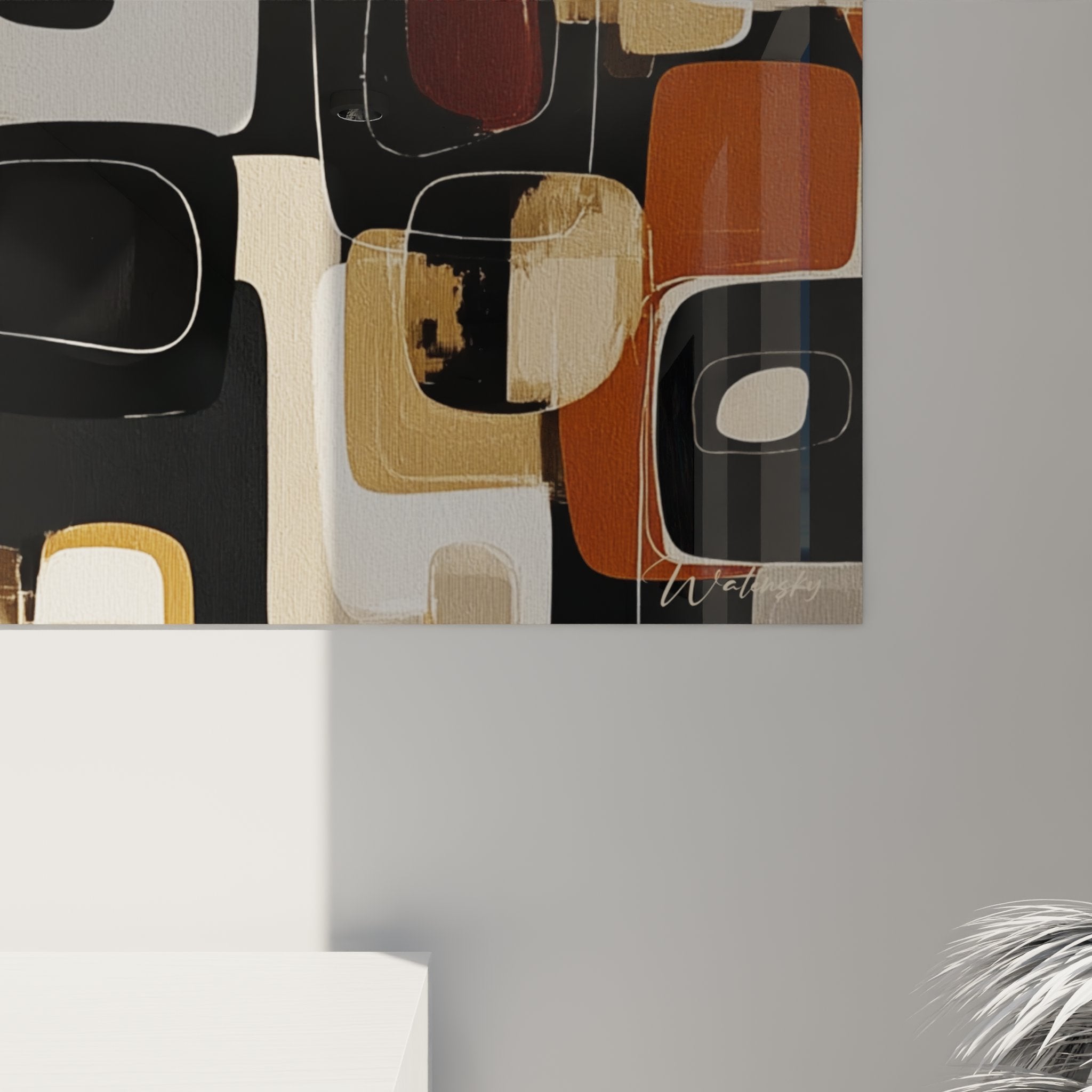 Abstract geometric African wall art tableau in modern interior contemporary decoration