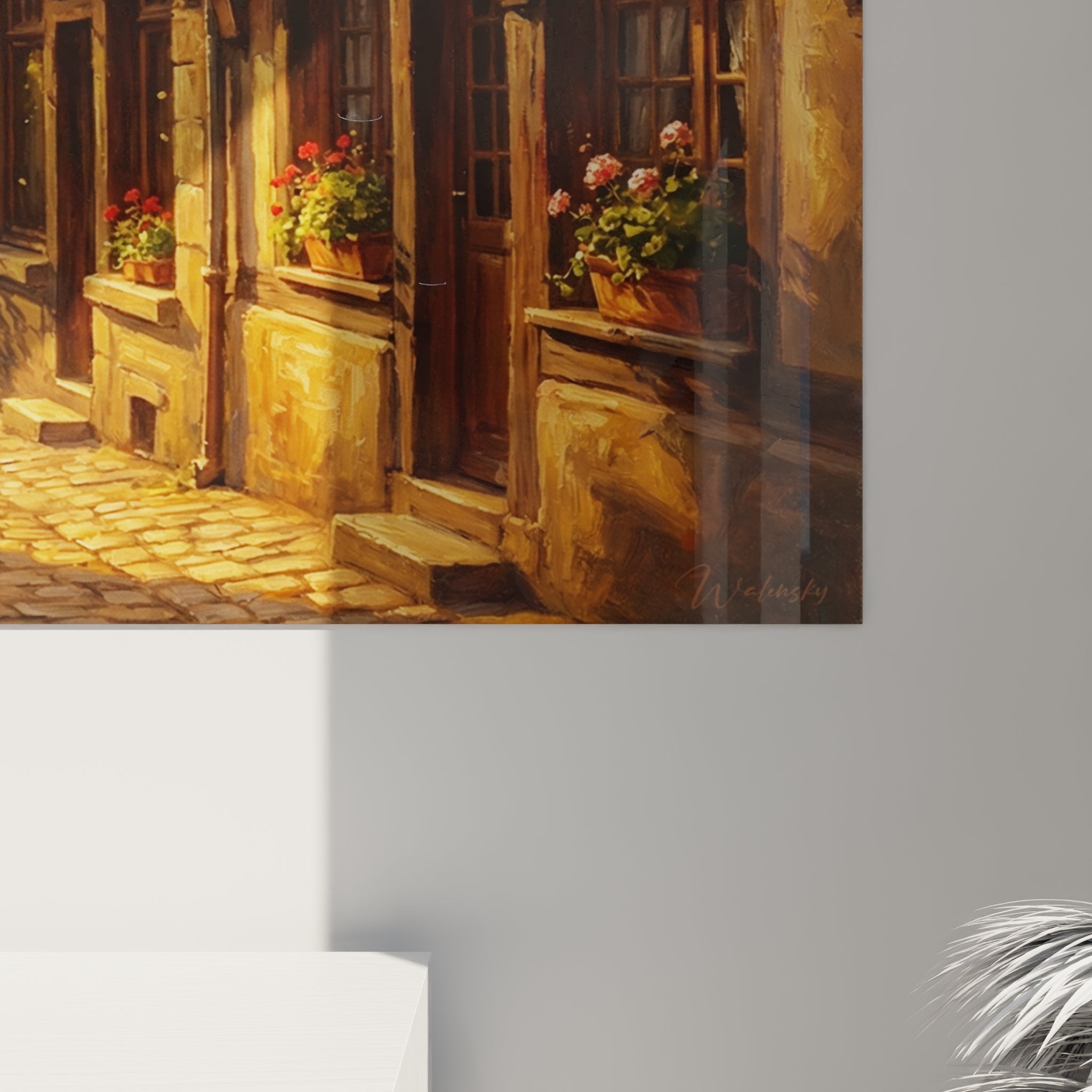 Overview medieval Brittany wall art painting, cobblestone street perspective and heritage architecture
