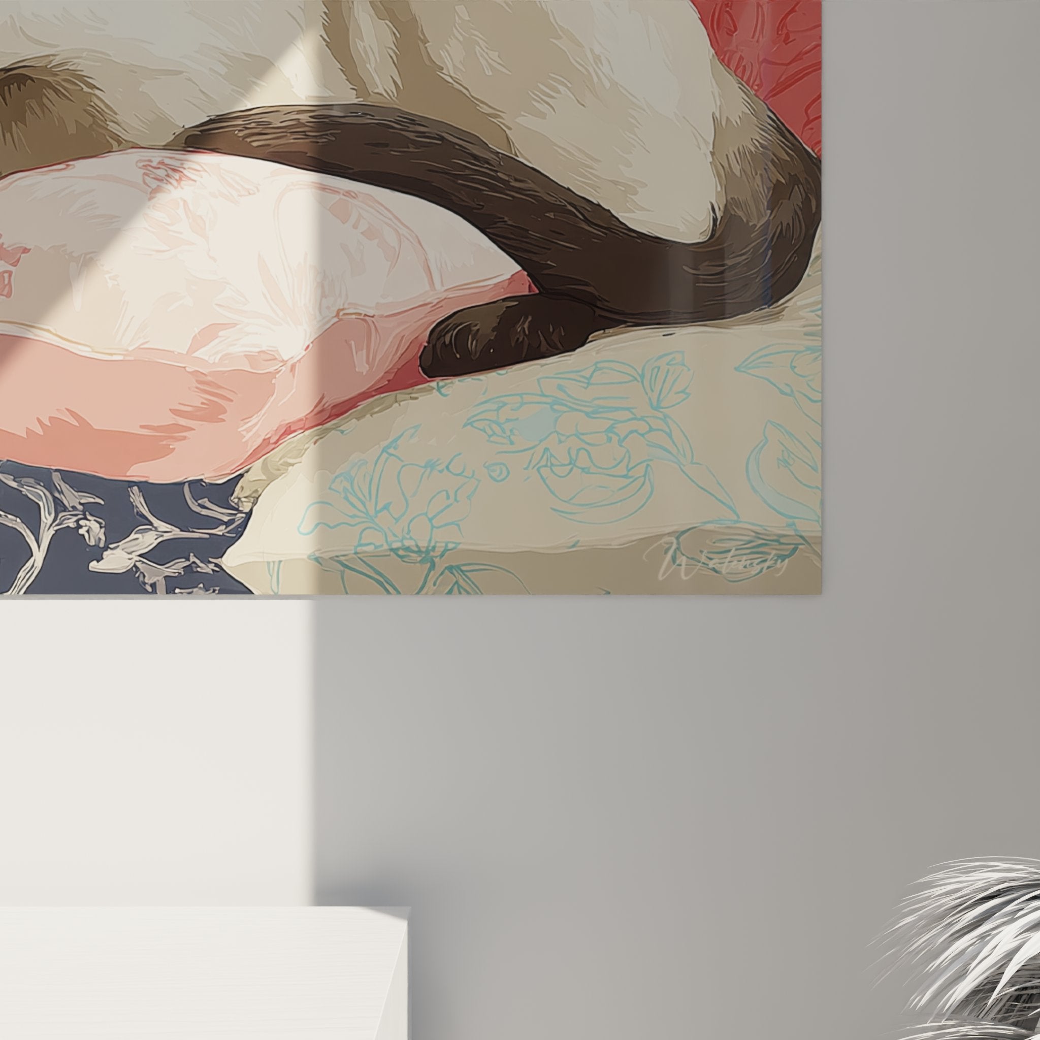 Overview of decorative Siamese cat wall art on vintage floral patterned cushions