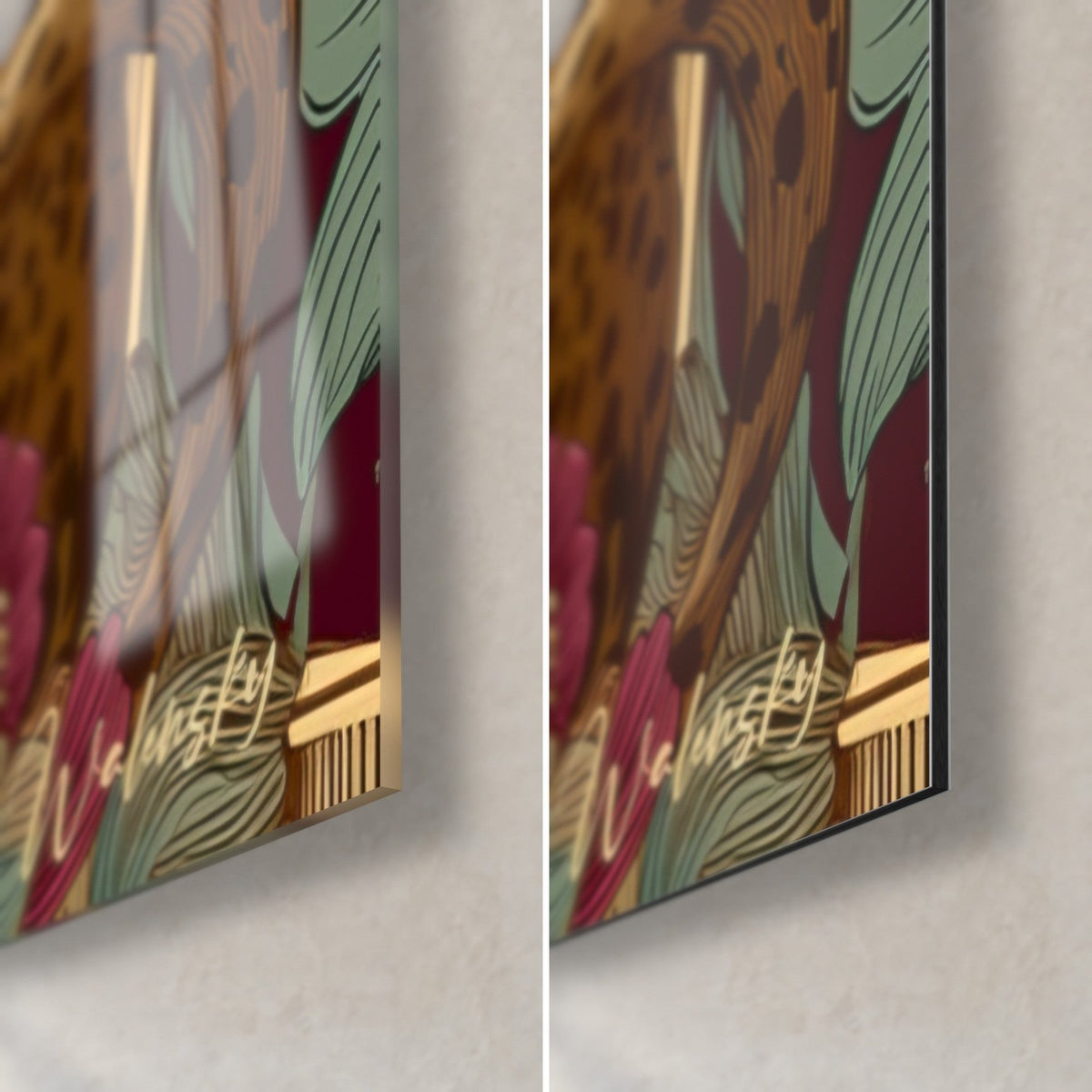 Tableau panthère mouchetée, coin bas droit : verre acrylique brillant et reflets à gauche, alu Dibond mat noir à droite, tranche de 3 mm