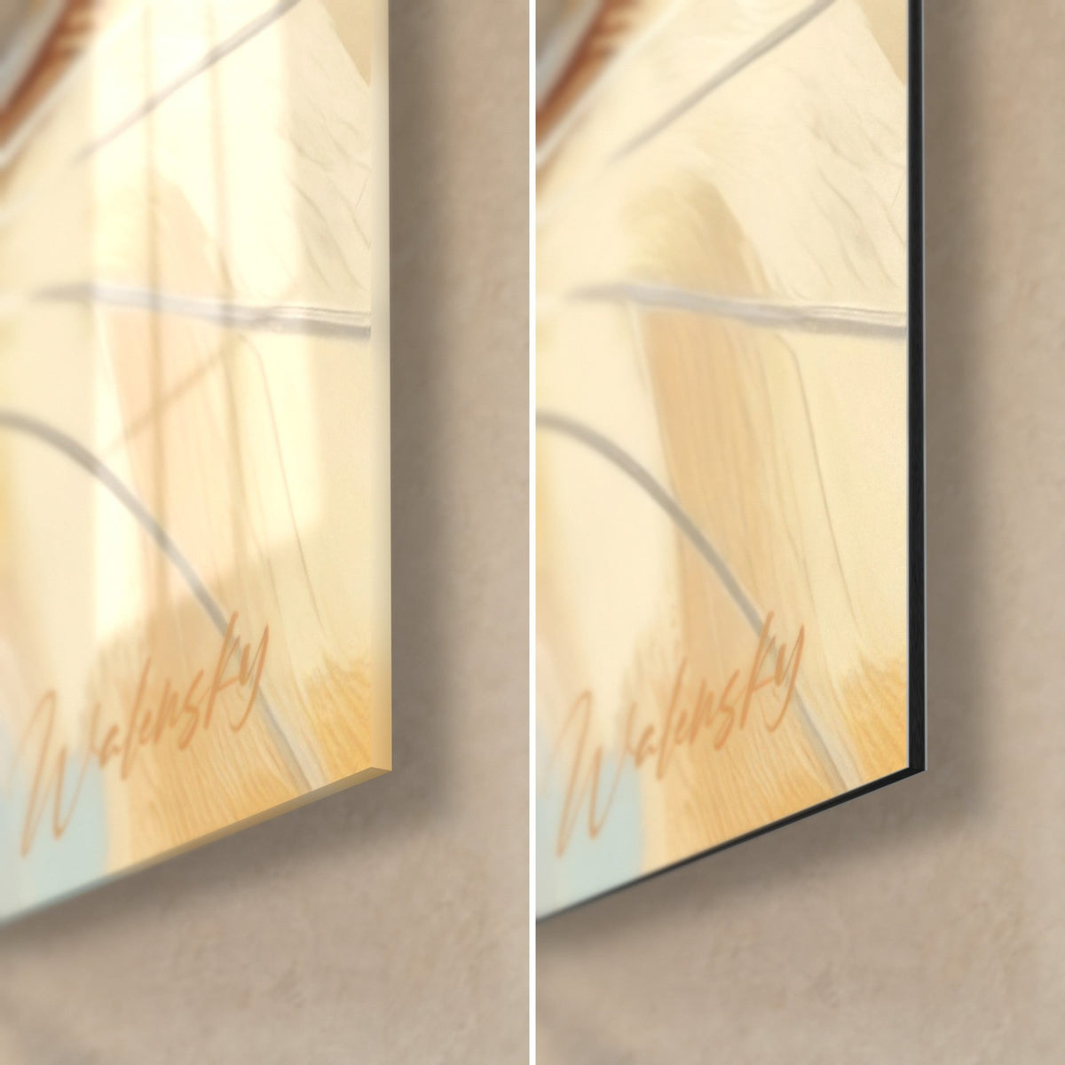 Schilderij Ragamuffin-kat, rechtsonder: glanzend acrylglas links, mat Dibond-aluminium rechts, zwarte rand van 3 mm, crème achtergrond