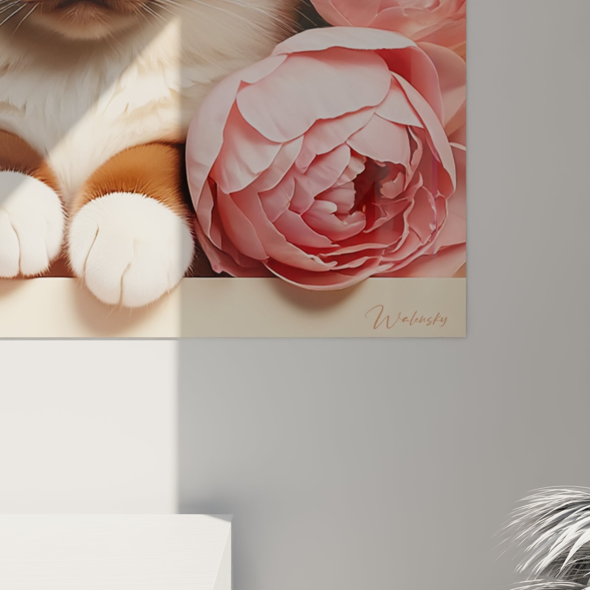 Overall view of Birman cat painting with pink peonies hung on wall, dimensions and perspective of the wall art piece