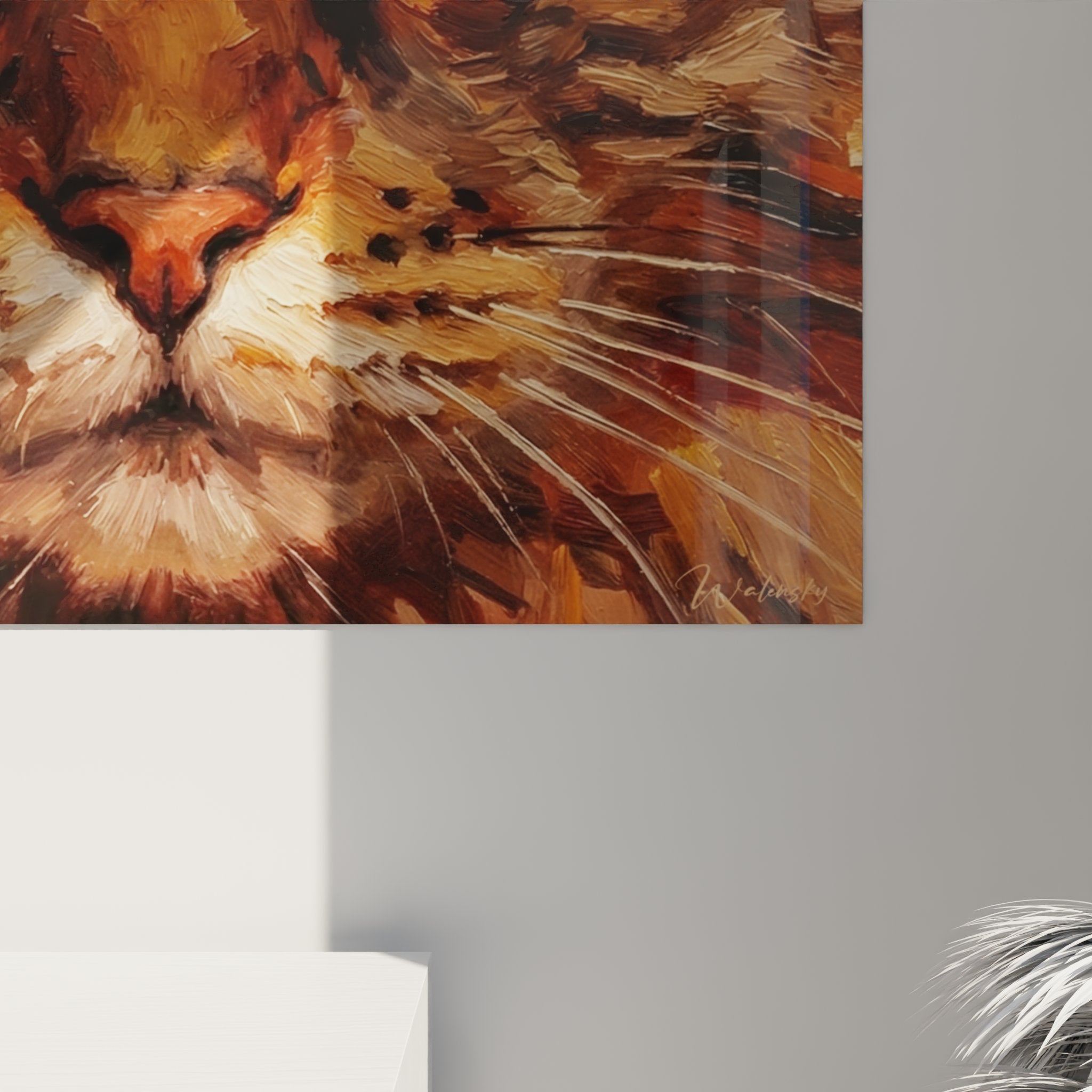 Overview portrait painting of ginger American Bobtail cat, feline-inspired interior decor