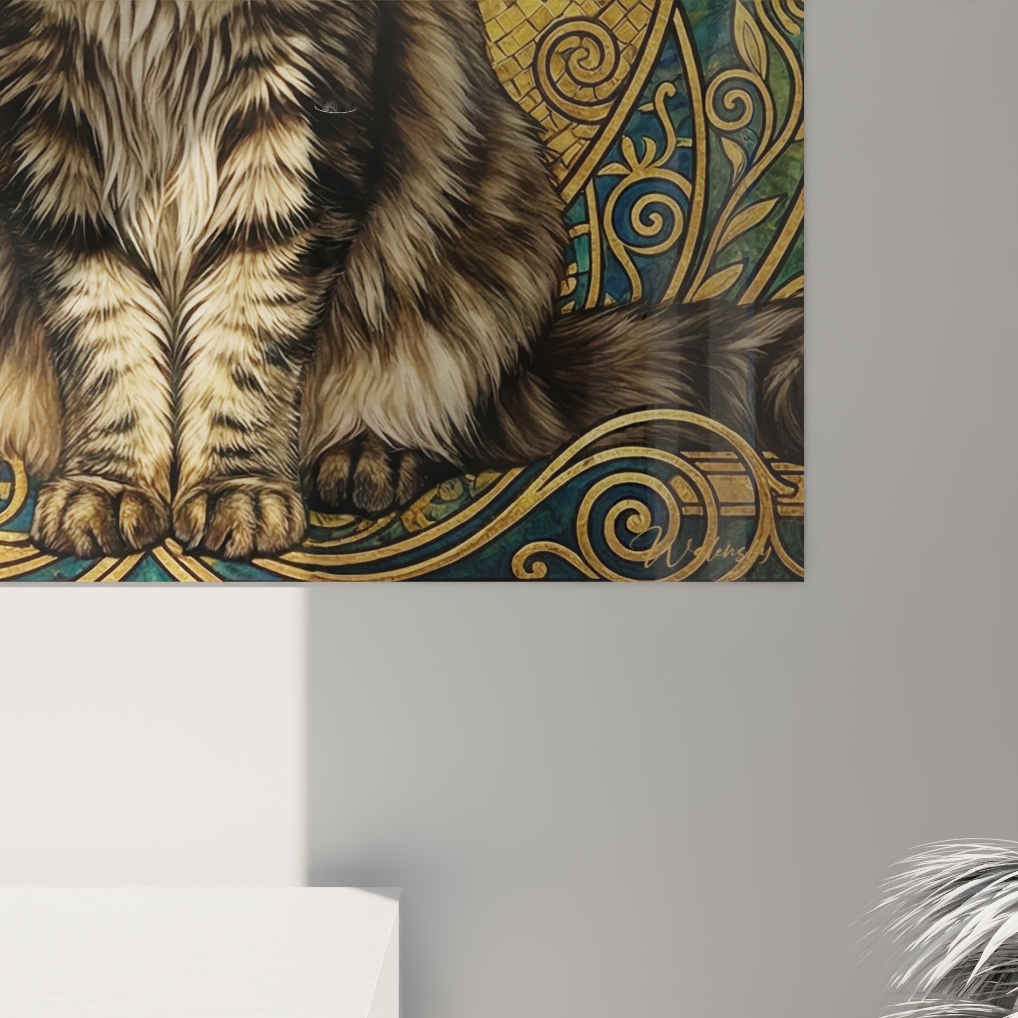 Vista generale quadro decorativo gatto Maine Coon arte mosaico dorato spirali ornamenti blu oro